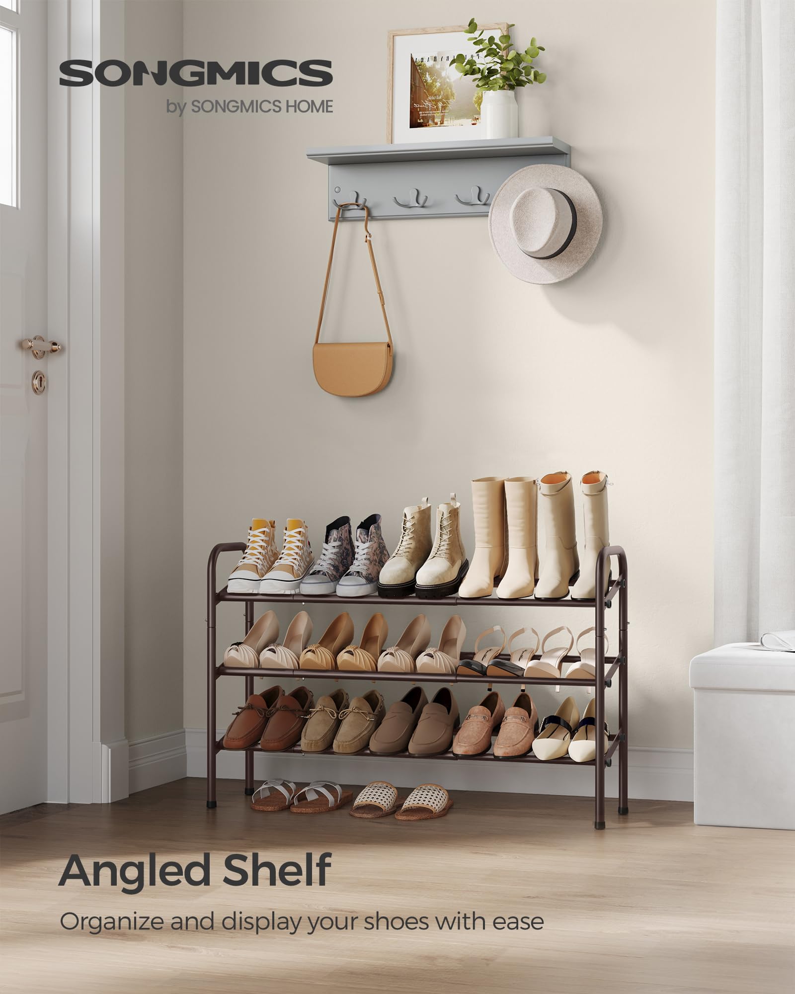 Songmics Expandable Shoe Rack, 3 Tier Shoe Rack Shelf, Adjustable Shoe Organizer Storage For 20 Pairs Of Shoes, Metal Free Standing Shoe Racks For Closet, Front Door Entryway, Easy Assembly, Bronze