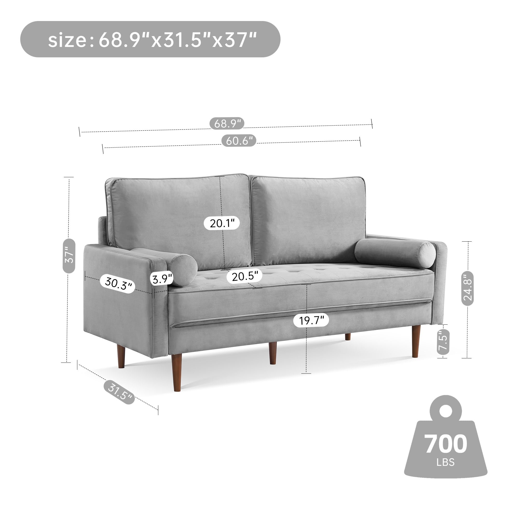 American Furniture Classics Grey 69 Inch Wide Upholstered Two Cushion Sofa with Bolster Pillows Velvet, 68" x 32" x 37"