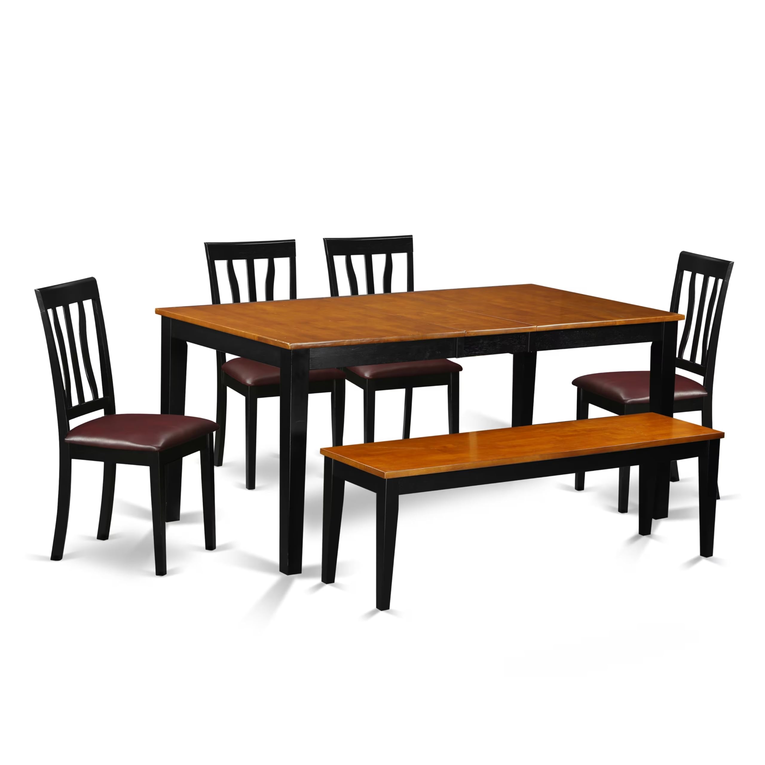 East West Furniture NIAN6-BCH-LC 6 Piece Dining Table Set Contains a Rectangle Dining Room Table with Butterfly Leaf and 4 Faux Leather Upholstered Chairs with a Bench, 36x66 Inch, Black & Cherry