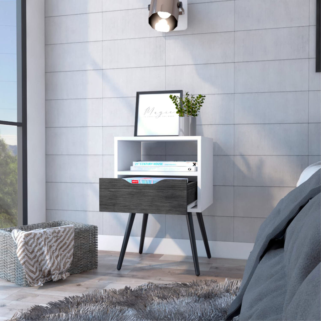 Nightstand 25&Quot; H, Superior Top, 4 Legs, 1 Open Shelf, 1 Drawer, Smokey Oak/White