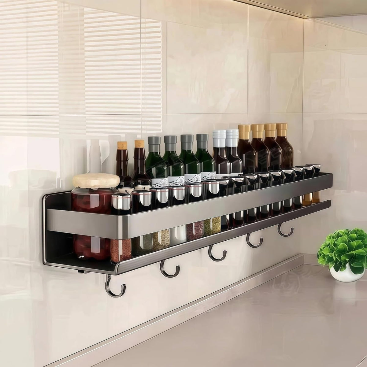 SageSpace Wall Mounted Spice Rack, Adhesive NoDrill Storage Shelf with 5 Hooks, Rustproof Carbon Steel Kitchen Organizer, 15.75
