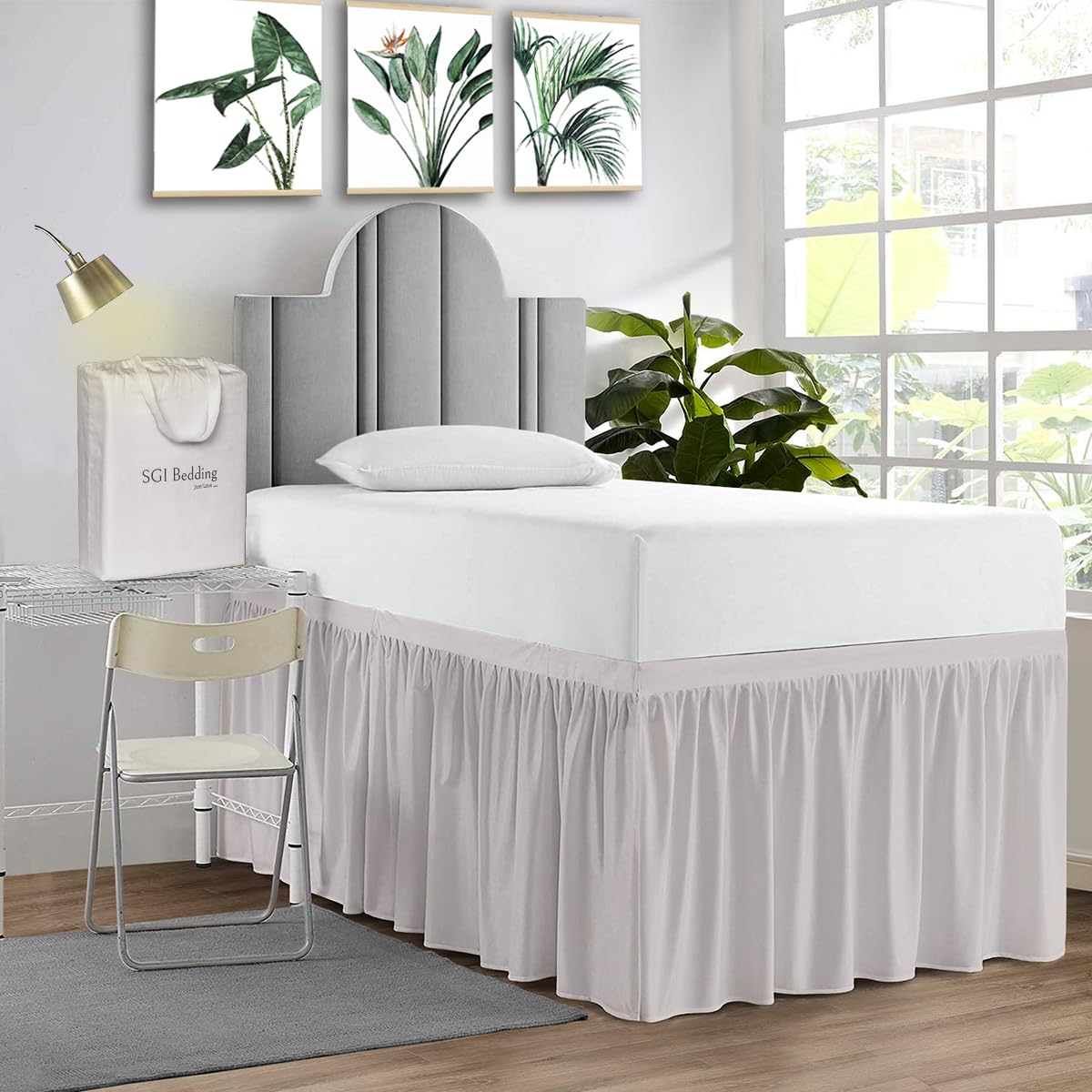 Sgi Bedding Dorm Bed Skirt Full Xl 36 Inch Drop Length - Light Grey, Ruffled Pattern College Dorm Room Bed Skirts - Split Corner