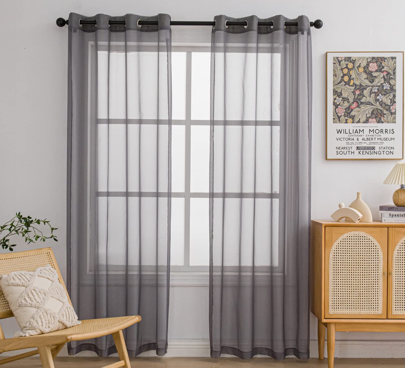 Pi Sheer Curtains 84 Inches Length With Rings Top,Privacy Voile Textured Window Backdrop For Bedroom/Living Room 2 Panels (W52 X L84, Dark Grey)