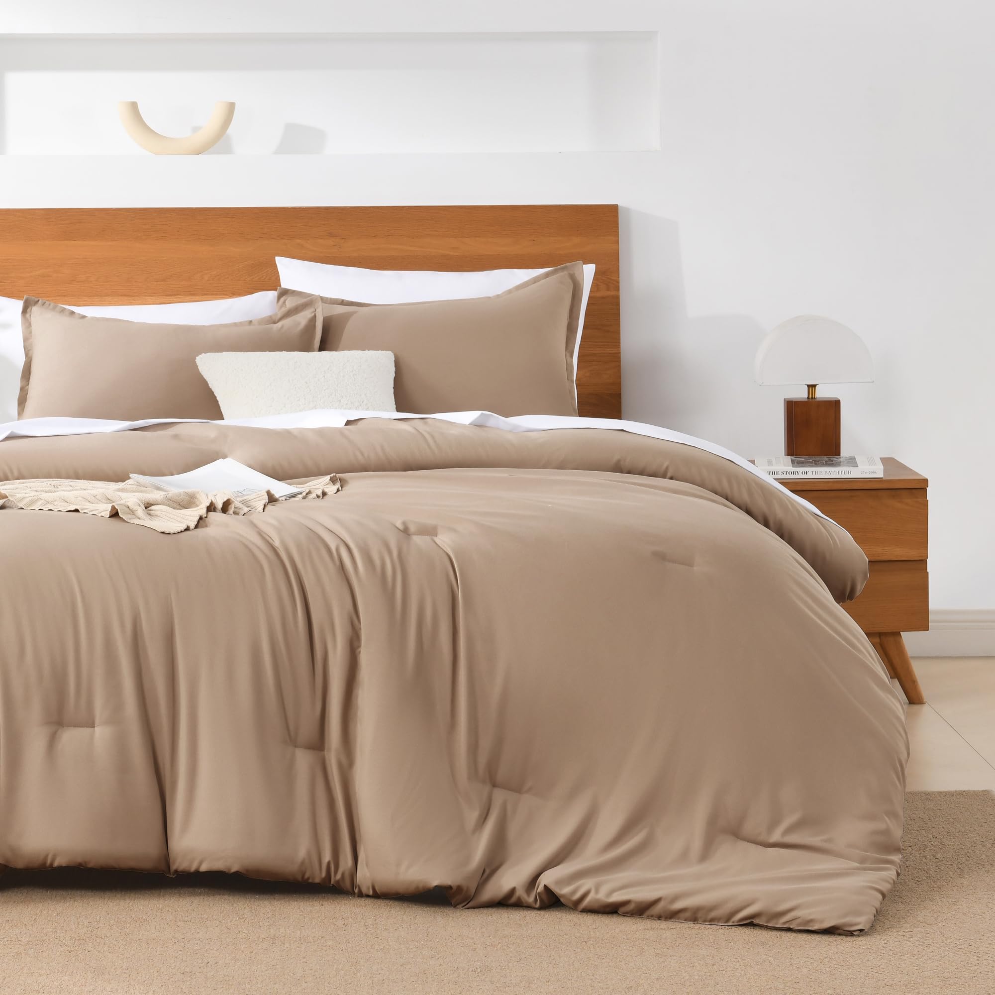 Andency Taupe Queen Comforter Set - 7 Pieces Khaki Tan Bed In A Bag Queen Bedding Comforter Sets, Summer Solid Soft Lightweight Comforter With Fitted Sheets, Flat Sheets, Pillowcases & Shams