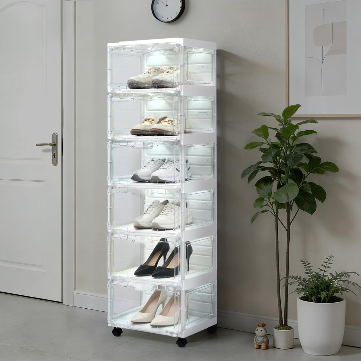 SAYMA LED Shoe Storage Box, Clear Shoe Storage Organizer W/Magnetic Door