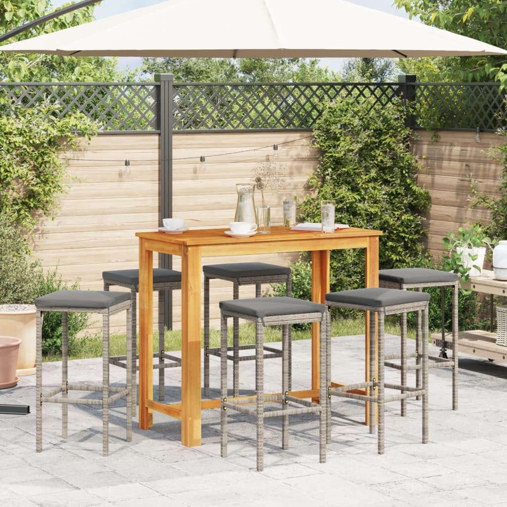 vidaXL Gray 7-Piece Patio Bar Set with Solid Acacia Wood Table & Poly Rattan Stools, Outdoor/Deck/Garden Furniture with Cushions
