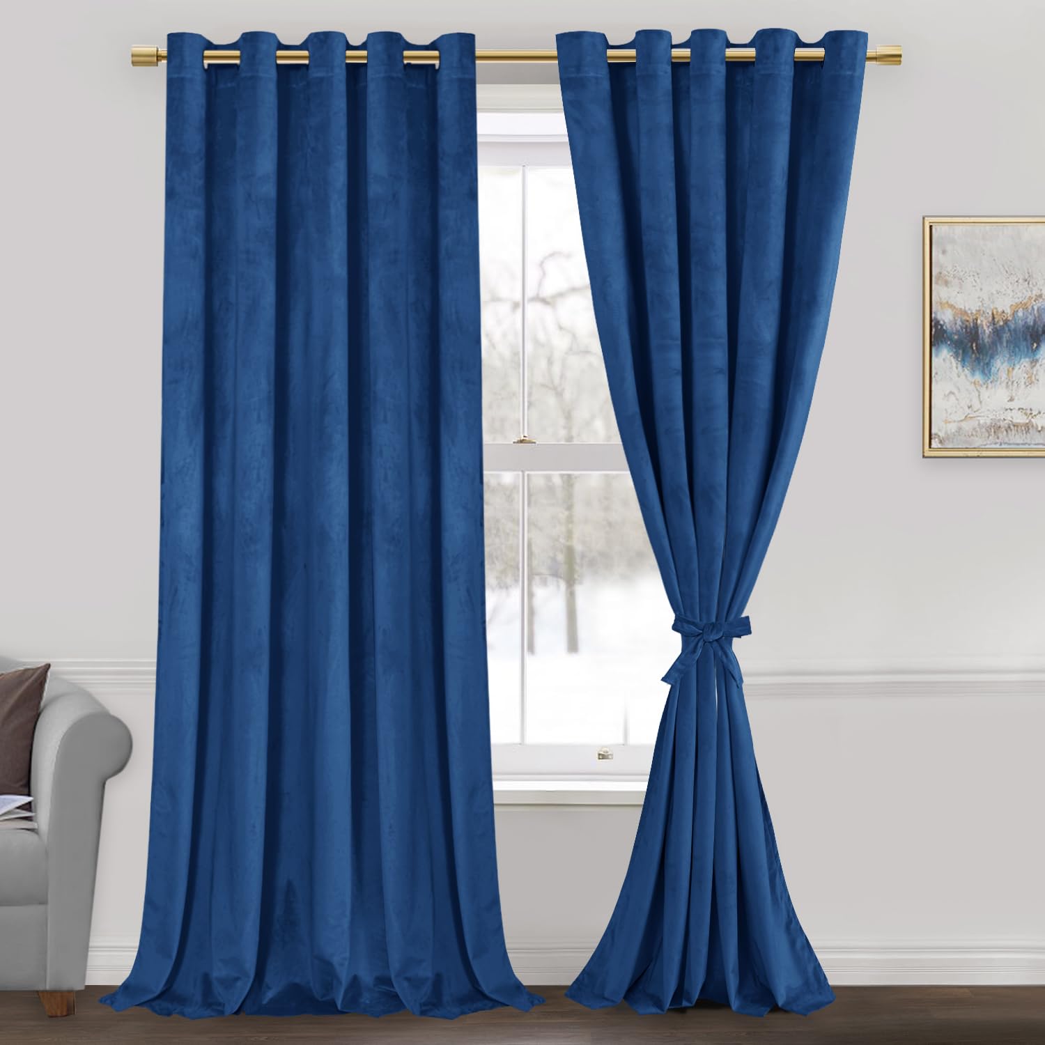 Jiuzhen Blue Velvet Blackout Curtains 84 Inches - Super Soft Velvet Textured Room Darkening Grommet Window Drapes For Living Roo