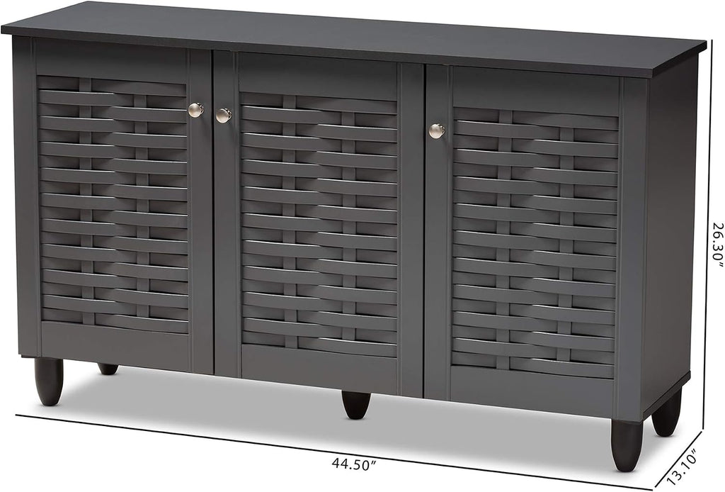 Click to see full view      5+  VIDEO Baxton Studio Wadia Modern and Contemporary Dark Gray 3-Door Wooden Entryway Shoe Storage Cabinet