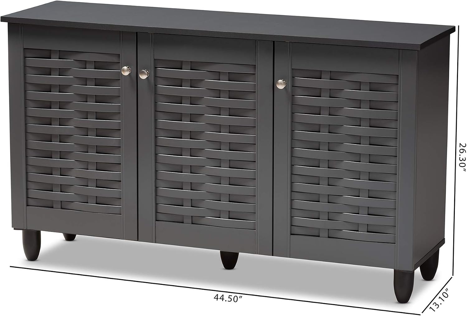 Click to see full view      5+  VIDEO Baxton Studio Wadia Modern and Contemporary Dark Gray 3-Door Wooden Entryway Shoe Storage Cabinet