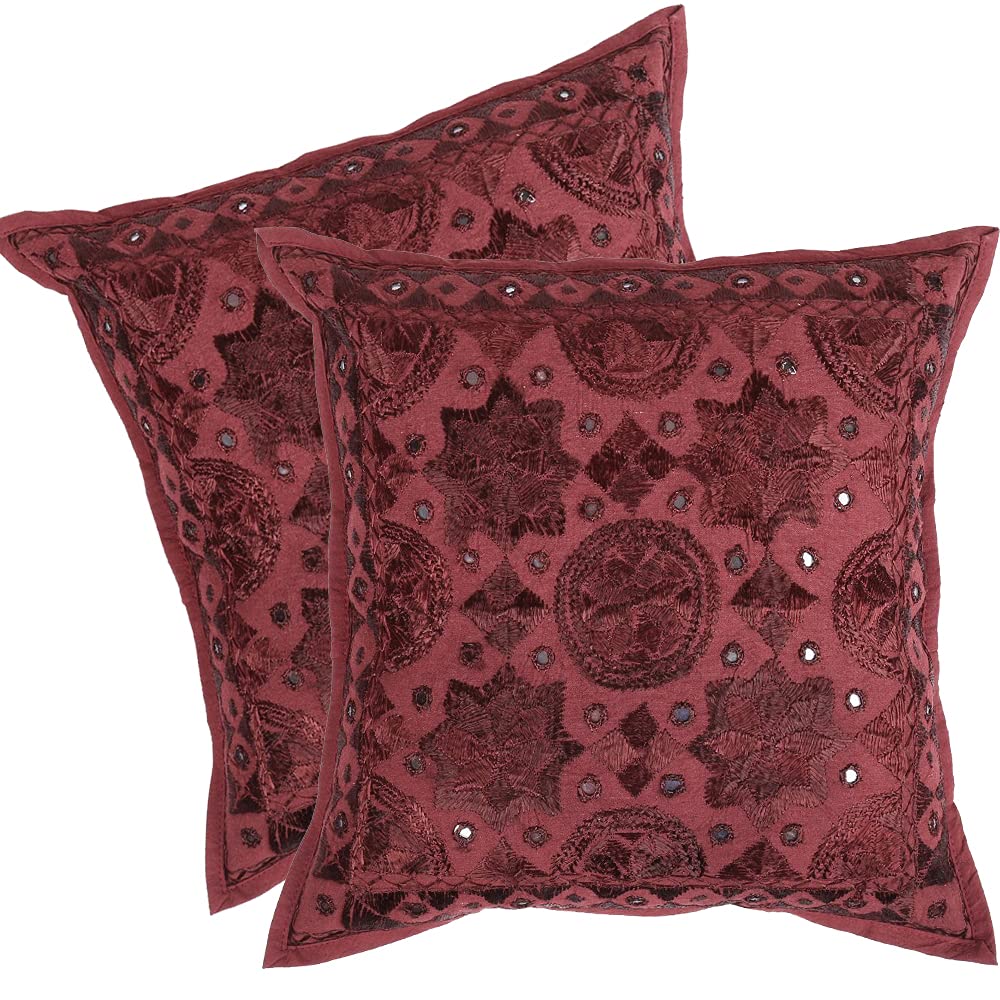 Dk Homewares Rajasthani Cotton Sofa Couch Cushion Covers 16 By 16 Set Of 2 Silk Thread Mirror Embroidered Square Cushions Pillow