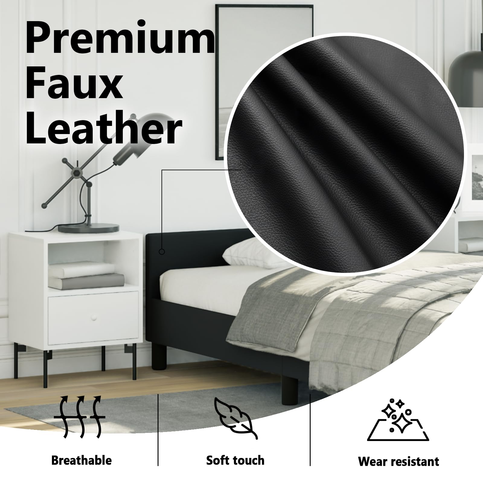 vidaXL Faux Leather Bed Frame Platform Bed , Scandinavian Style/Slats Support/No Box Spring Needed/Without Mattress/Easy Assembly, Black Twin XL Bed