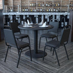 Flash Furniture Carlton 36'' Round Black Laminate Table Set with X-Base and 4 Black Trapezoidal Back Banquet Chairs