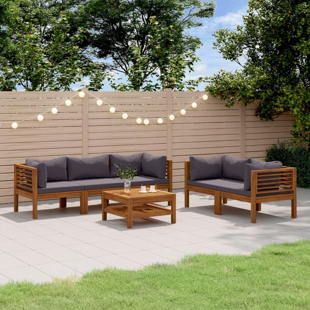 vidaXL 6-Piece Patio Lounge Set - Solid Acacia Wood Construction with Dark Gray Cushions - Suitable for Outdoor Use - Includes Table, Corner & Middle Sofas