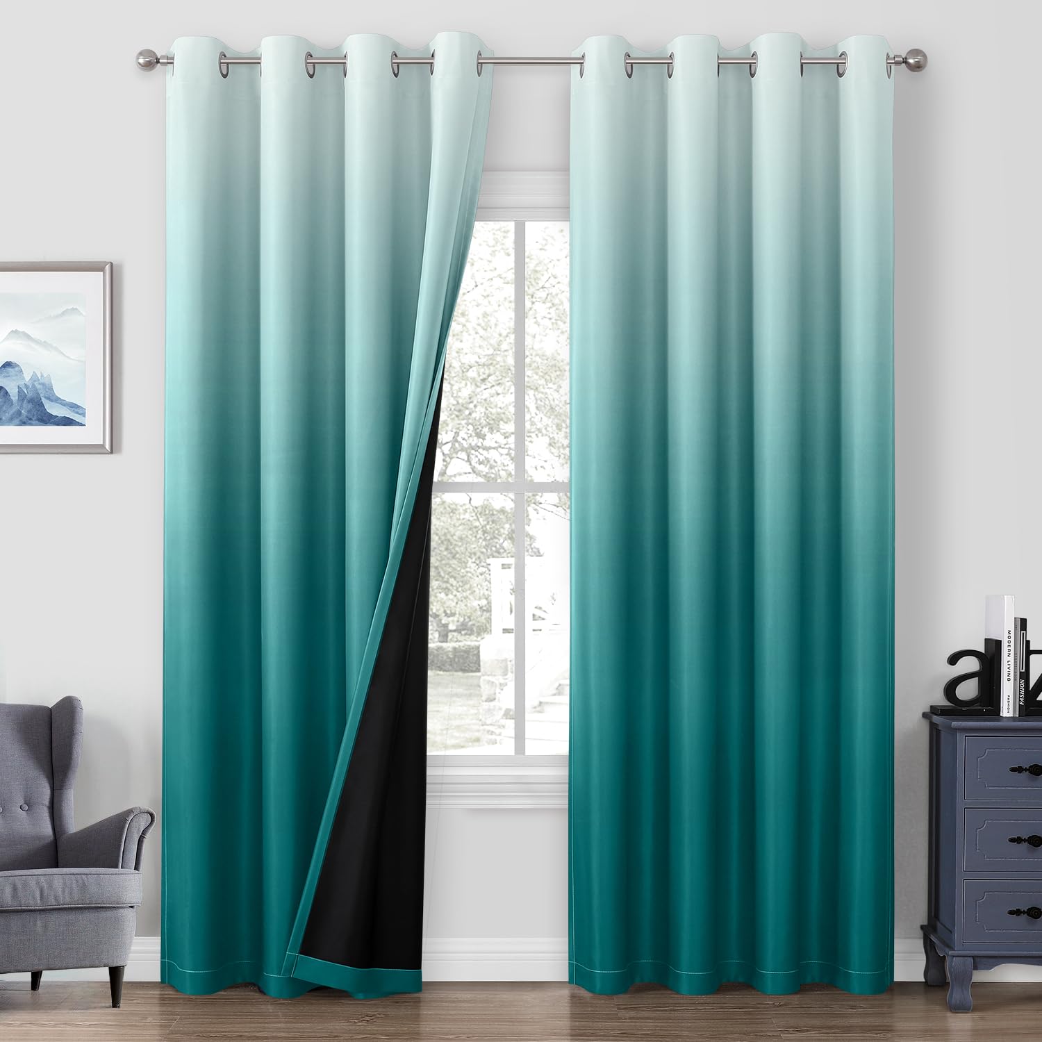 Homeideas 100% Teal Ombre Blackout Curtains For Bedroom, Room Darkening Curtains 52 X 84 Inches Long Grommet Gradient Drapes, Li