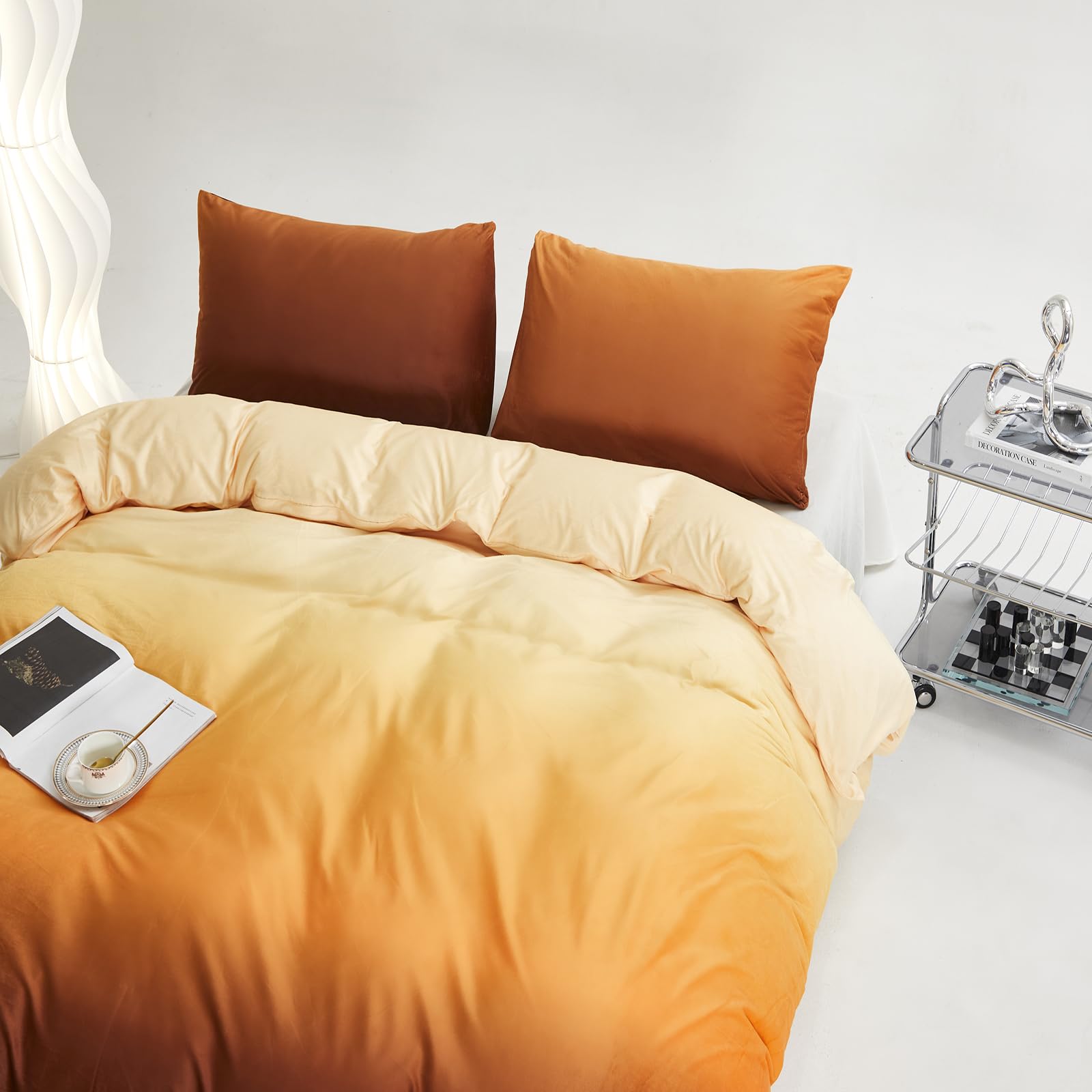 Clothknow Dark Orange Velvet Queen Comforter Set 3Pcs Orange Beige Fluffy Bedding Comforter Sets Dark Yellow Queen Comforter Soft Caramel Queen Size Comforter Sets
