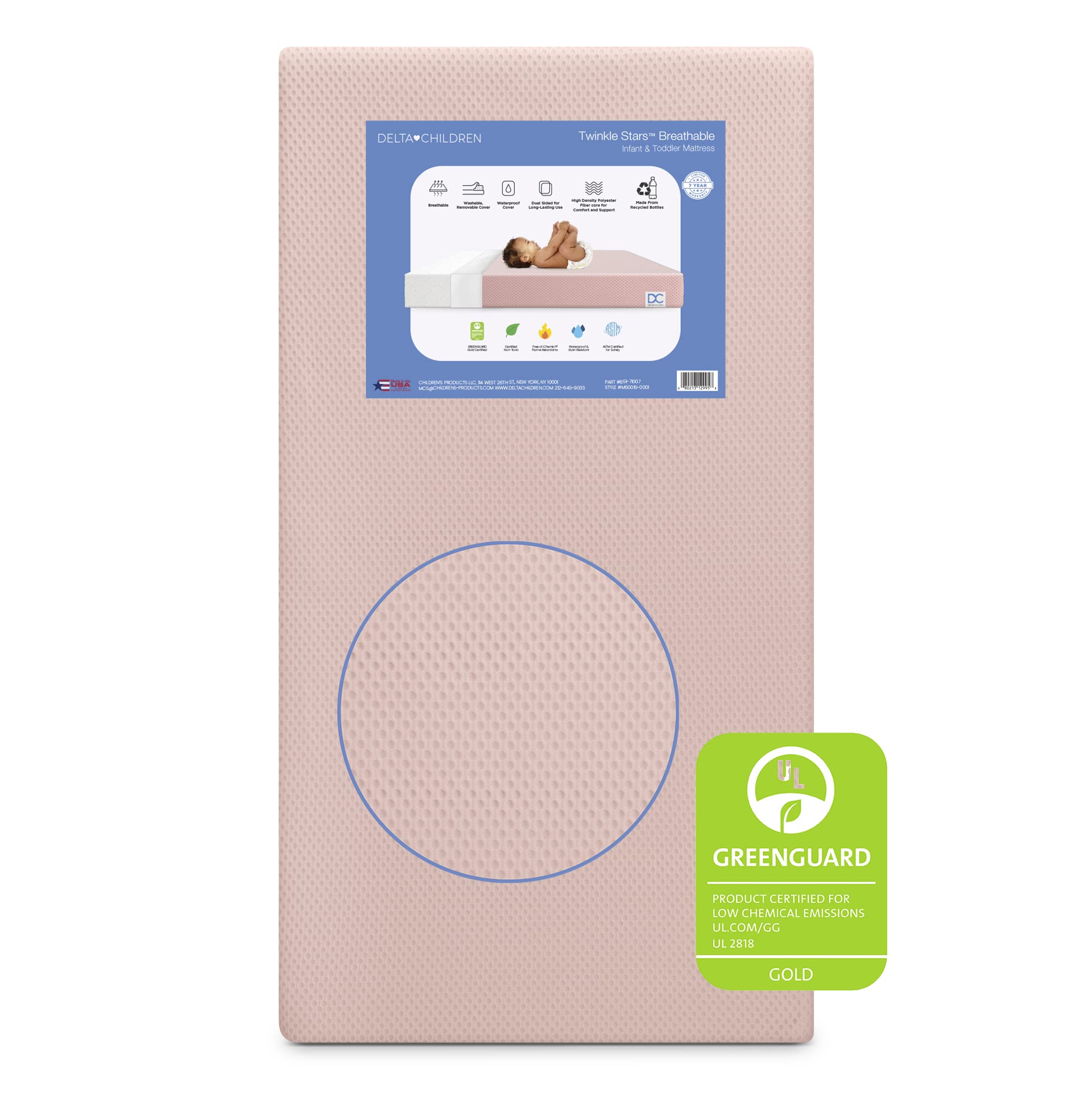 Delta Children Twinkle Stars Crib and Toddler Mattress with Breathable, Removable Machine-Washable Cover - GREENGUARD Gold - Wat