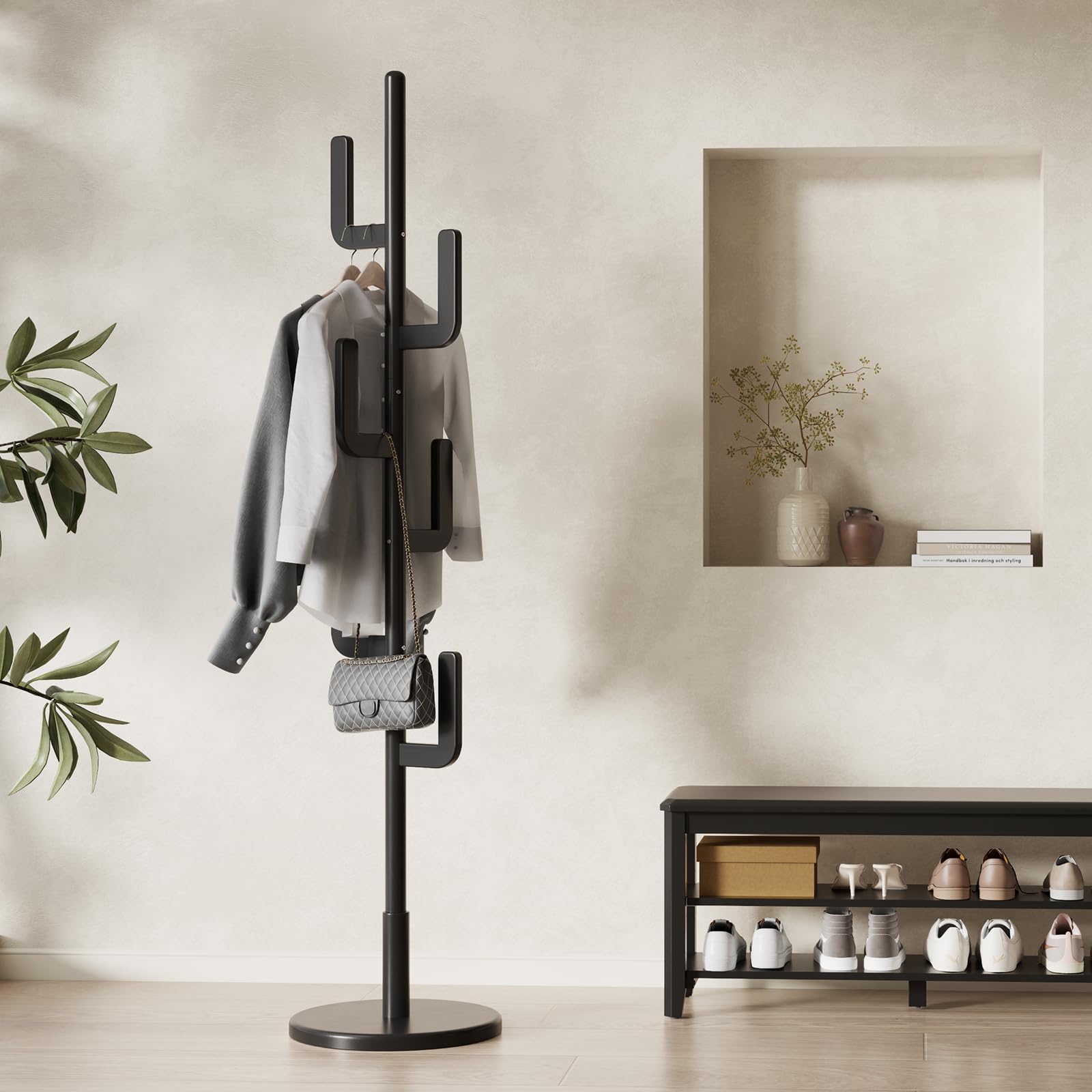 Muwuele Solid Wood Cactus Coat Rack, Freestanding Coat Rack With 6 L-Shaped Hooks And 3 Adjustable Sizes, Coat Tree For Bedroom,