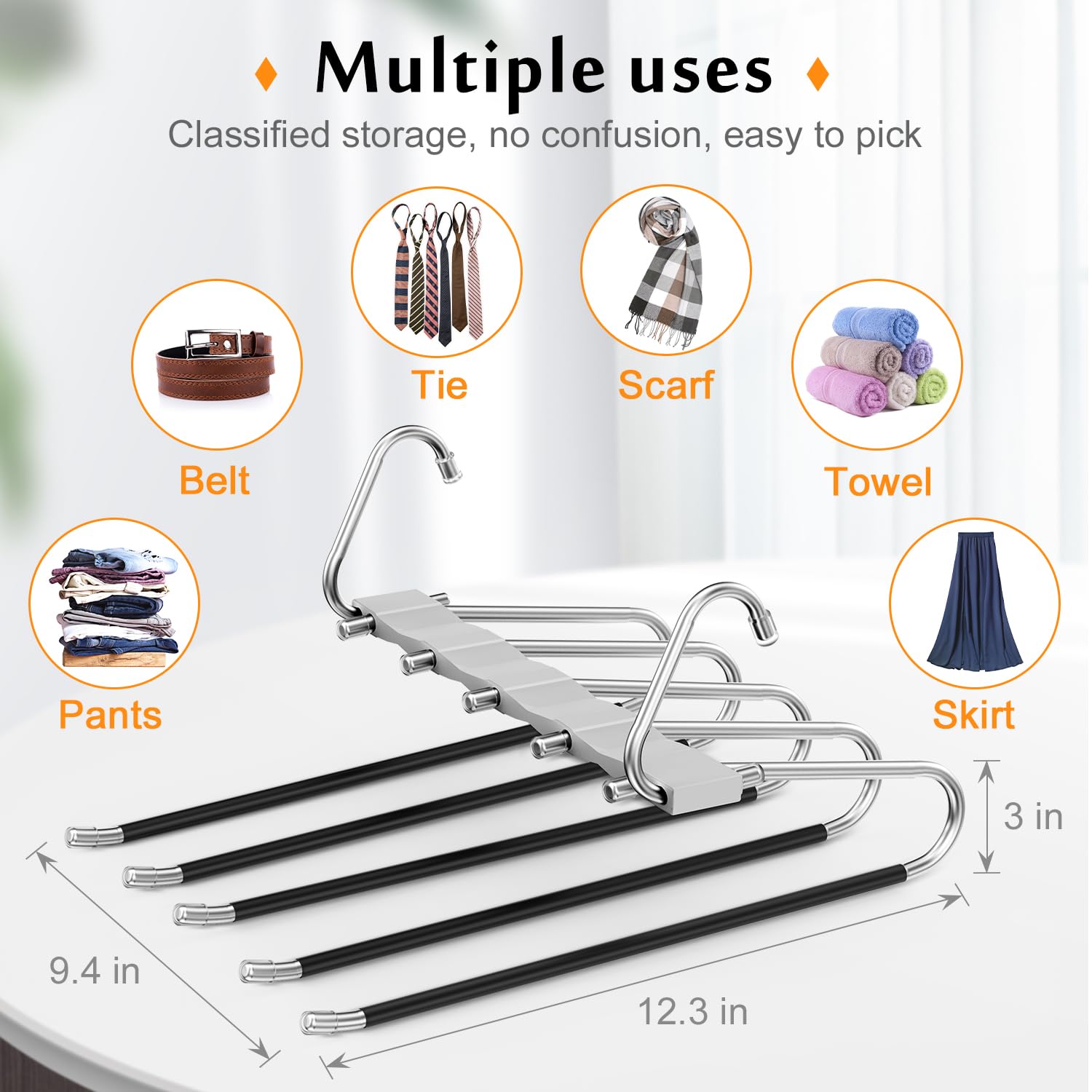 Loretoy 2 Pack Pants Hangers Space Saving, Anti-Slip Multi-Functional Pants Rack, Thickened Stainless Steel Tube, Two Hanging Mo