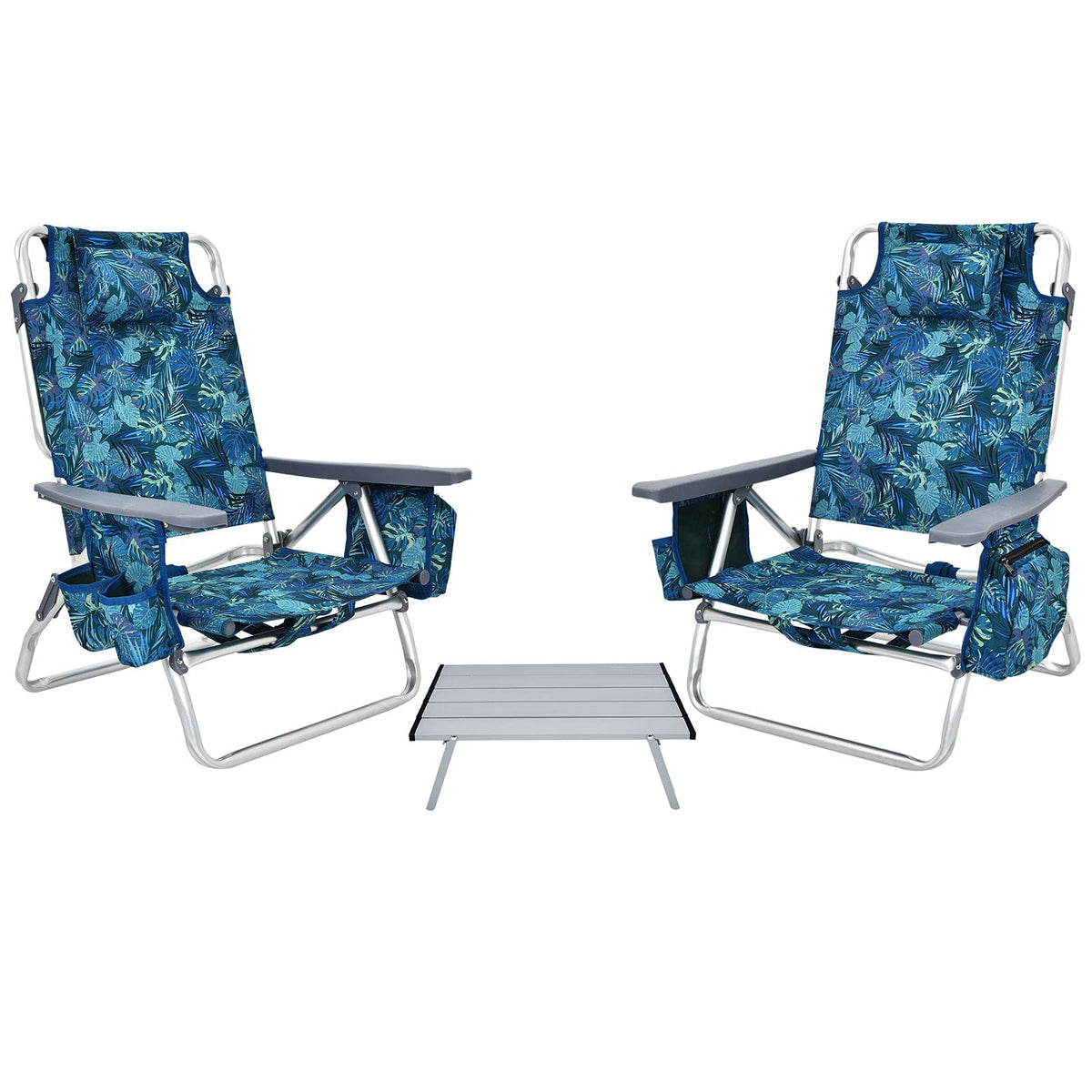 Giantex Folding Camping Chair 3 Pcs Beach Chair And Aluminum Table Set, Patio Sling Chairst With 5 Adjustable Position, Backpack Lawn Chair For Fishing,Travelling Sunbathing Chairs Set