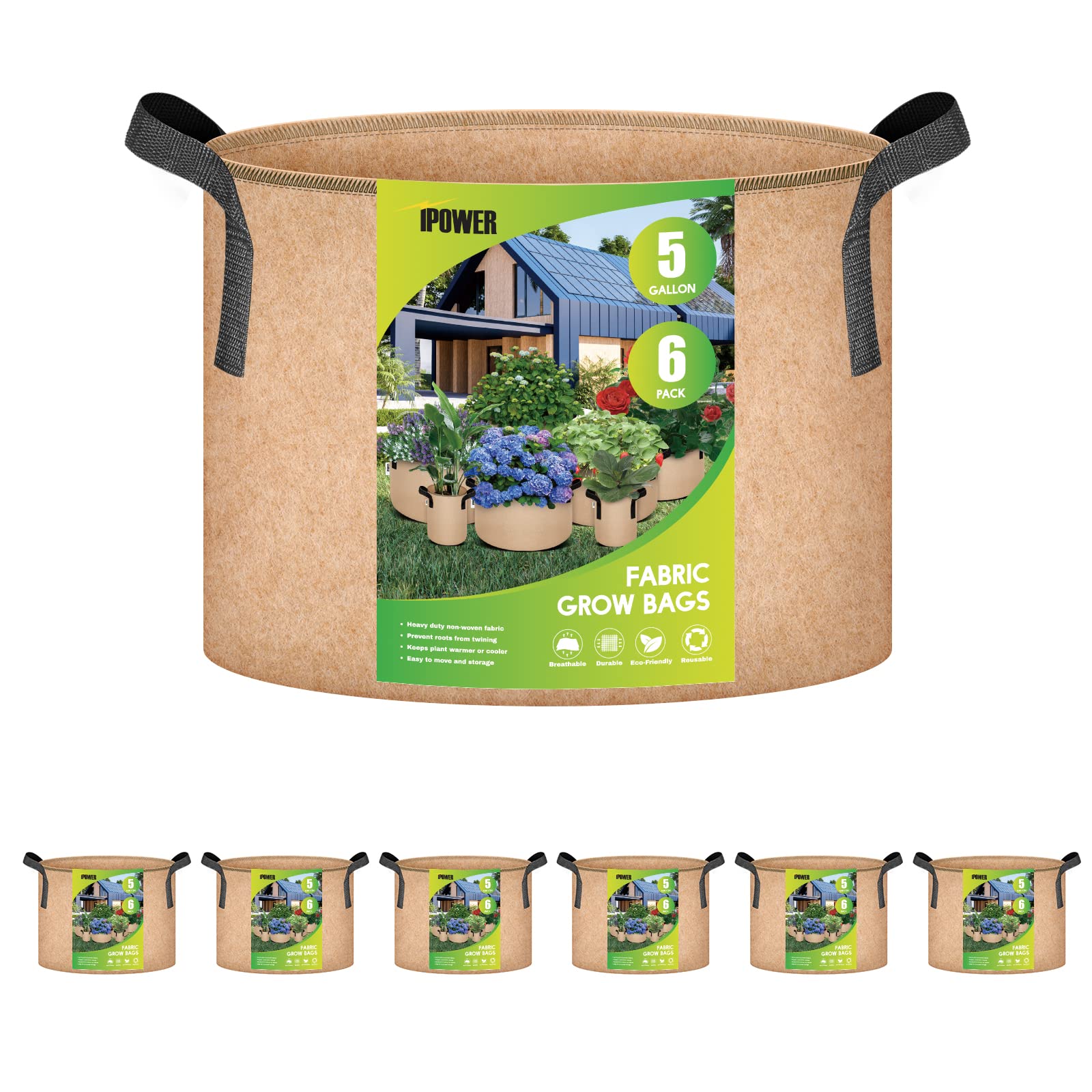 Ipower Plant Grow Bag 5 Gallon 6-Pack Heavy Duty Fabric Pots, 300G Thick Nonwoven Fabric Containers Aeration With Nylon Handles,