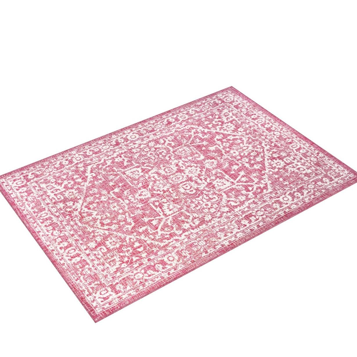 Jonathan Y Smb104E-5 Malta Bohemian Medallion Textured Weave Indoor Outdoor Area-Rug, Coastal Traditional Easy-Cleaning,Bedroom,Kitchen,Backyard,Patio,Non Shedding, 5 X 8, Fuchsia/Light Gray
