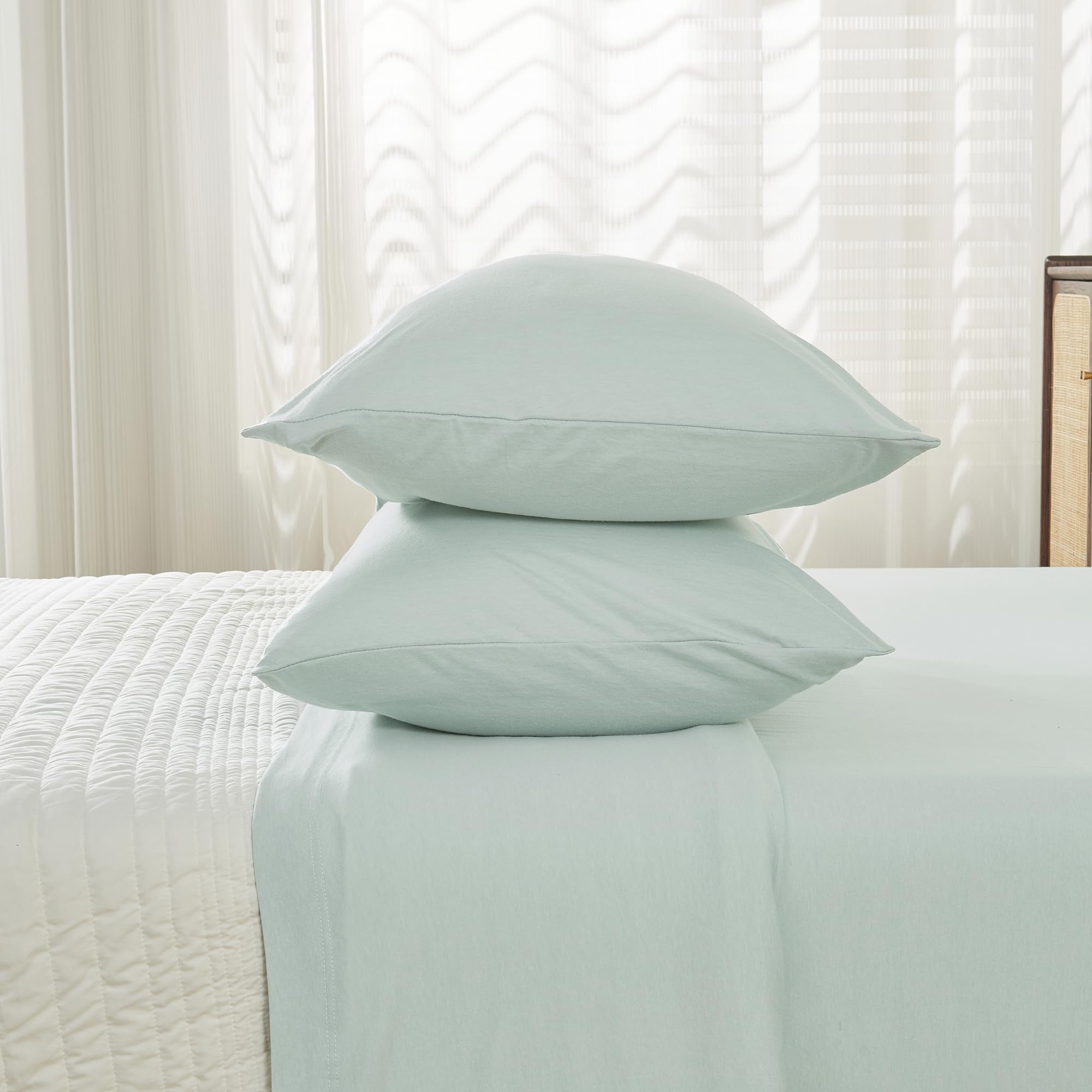 3 Piece Jersey Knit Twin Cotton Blend Aqua Sheet Set | Ultra-Soft T-Shirt Jersey Bedding Sheets & Pillowcases | Heathered, Breat