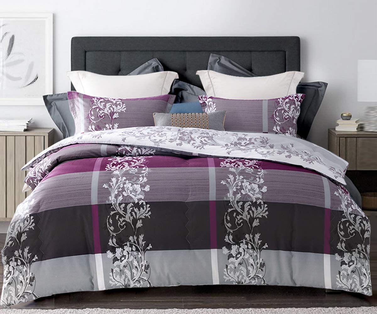 Sleepbella Comforter Twin Size, 600 Thread Count Cotton Grey Paisley & Purple Comforter Sets, Down Alternative Bedding Set 2Pcs(