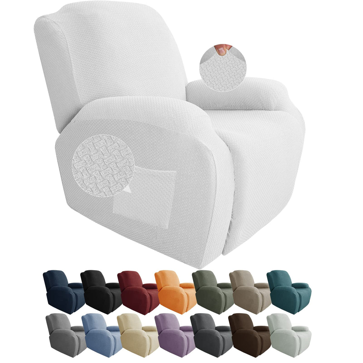 Jiviner Newest Design 4 Pieces Recliner Chair Covers Stretch Jacquard Covers For Recliner Chair Recliner Slipcovers For Living Room Soft Recliner Protector With Pocket (Recliner, Off White)