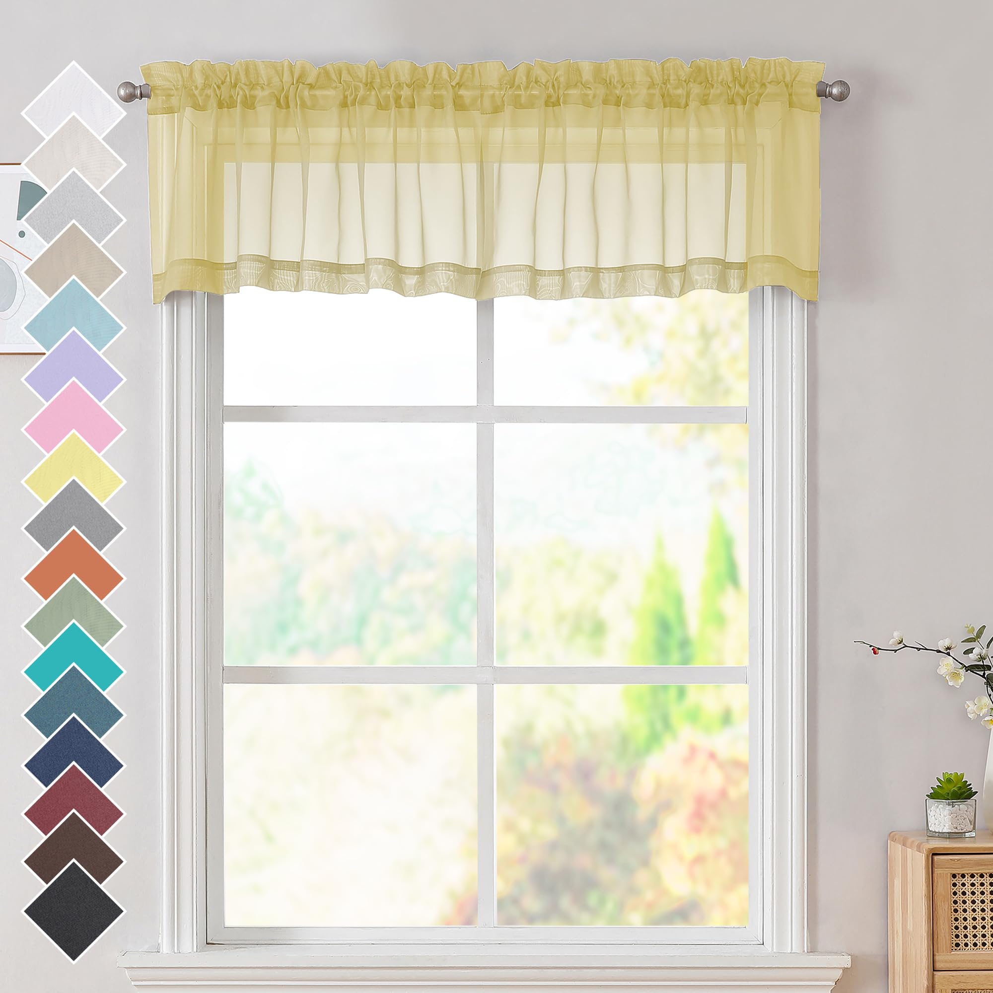 Ovzme Mustard Yellow Window Valances Half Window Sheer Curtains, Modern Top Dual Rod Pocket Light Filtering Voile Drapes For Sma