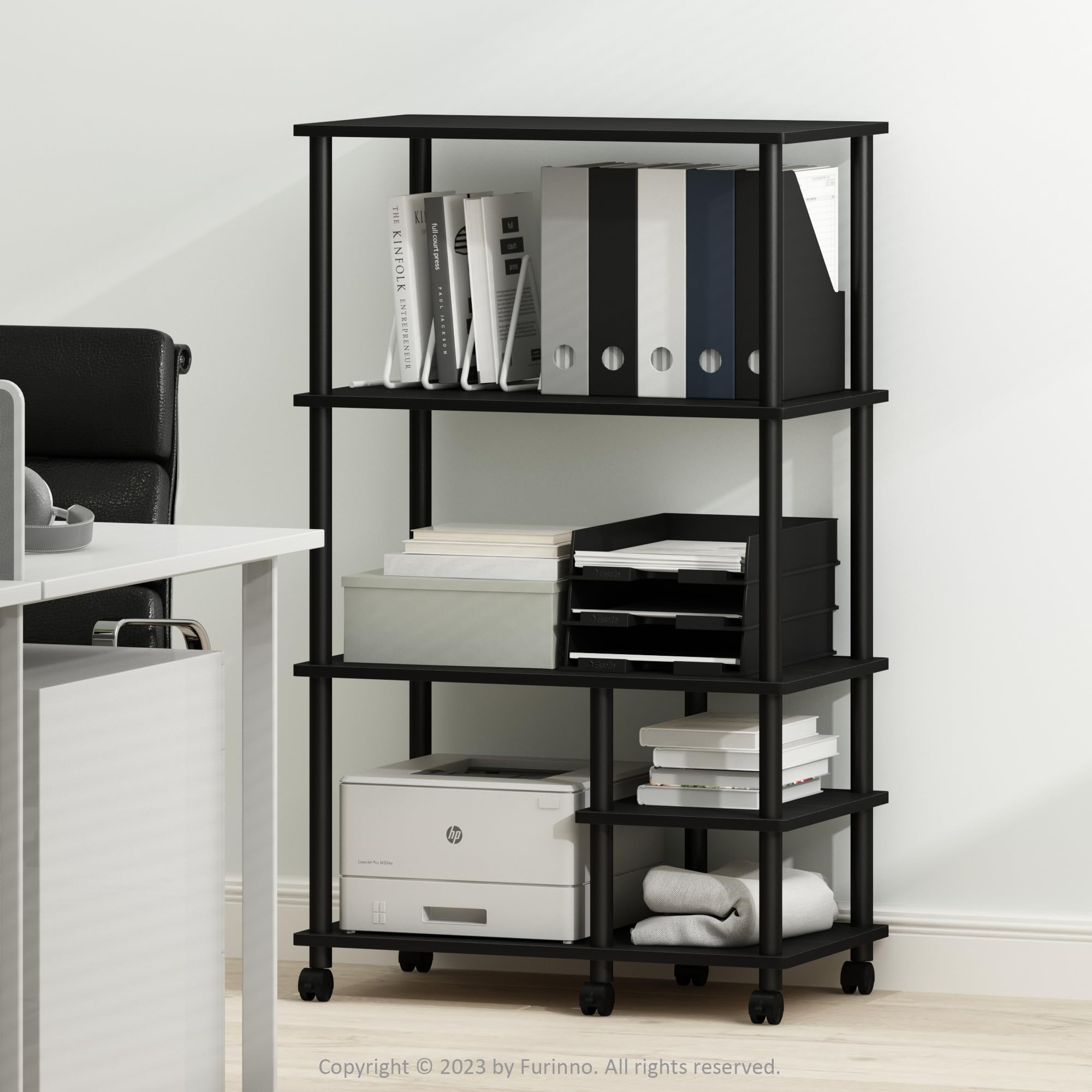 Furinno Turn-N-Tube 4-Tier Toolless Multipurpose Printer Stand Display Storage Shelf With Wheels, Americano/Black