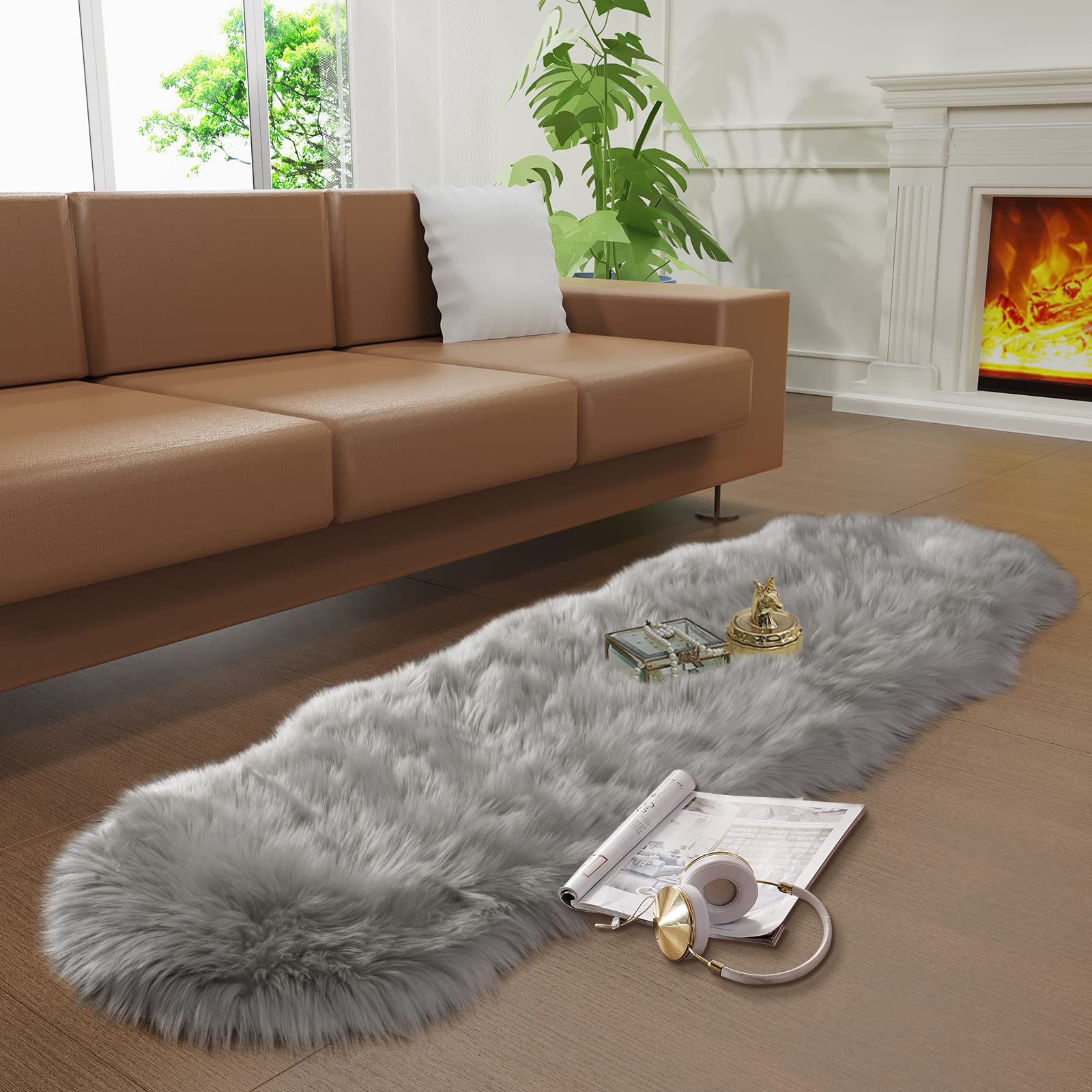 Faux Fur Rug For Bedroom, Gray Fluffy Rug Soft Sheepskin Runner Rug Sofa Couch Seat Cushion, 2X6Ft Grey Plush Area Rug Shag Rugs