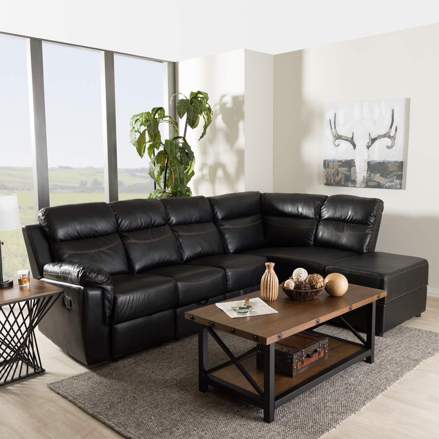 Baxton Studio Roland Modern and Contemporary Black Faux Leather 2-Piece Sectional with Recliner and Storage Chaise