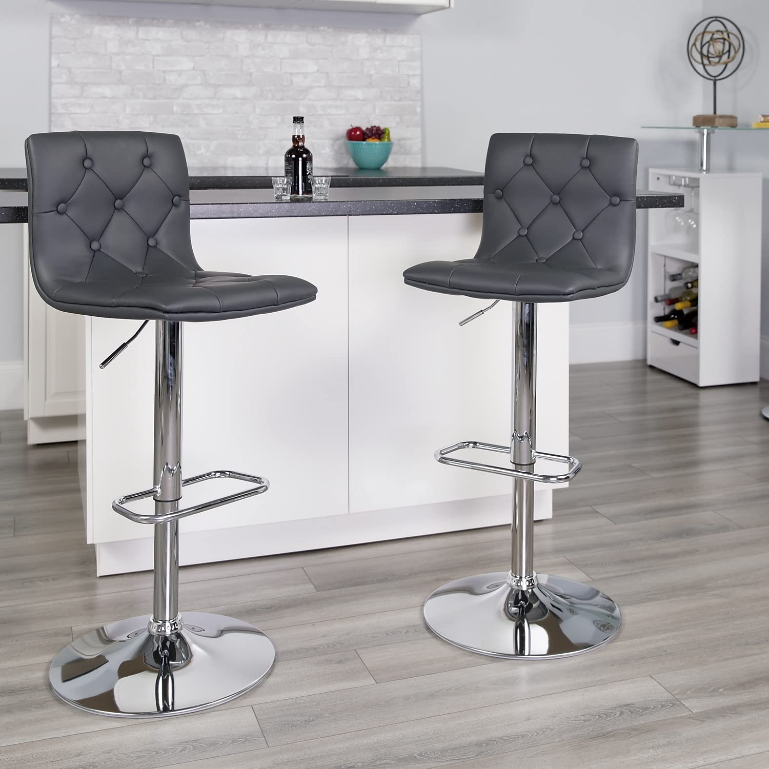 Flash Furniture Contemporary Button Tufted Gray Vinyl Adjustable Height Barstool With Chrome Base