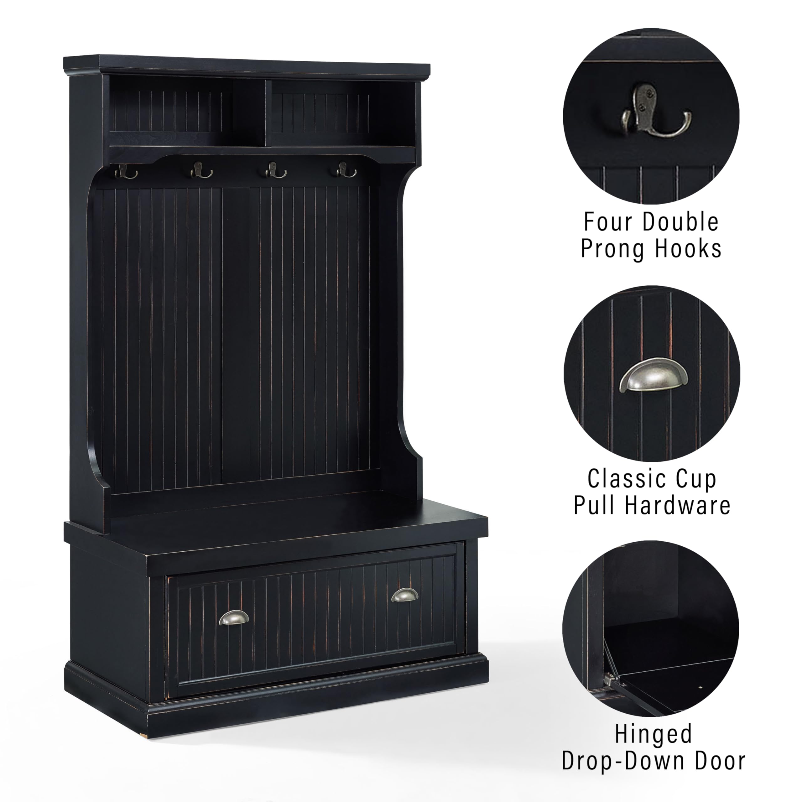 Crosley Furniture Seaside Hall Tree With Shoe Rack Bench And Coat Hooks For Hanging Storage, Distressed Black