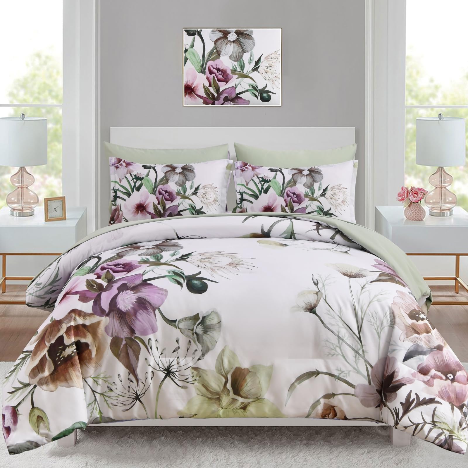 Luxudecor Floral Comforter Set Full Size 7 Piece, Green Flower Bed In A Bag, Elegant Floral Comforter With Sheet Set, Soft Micro