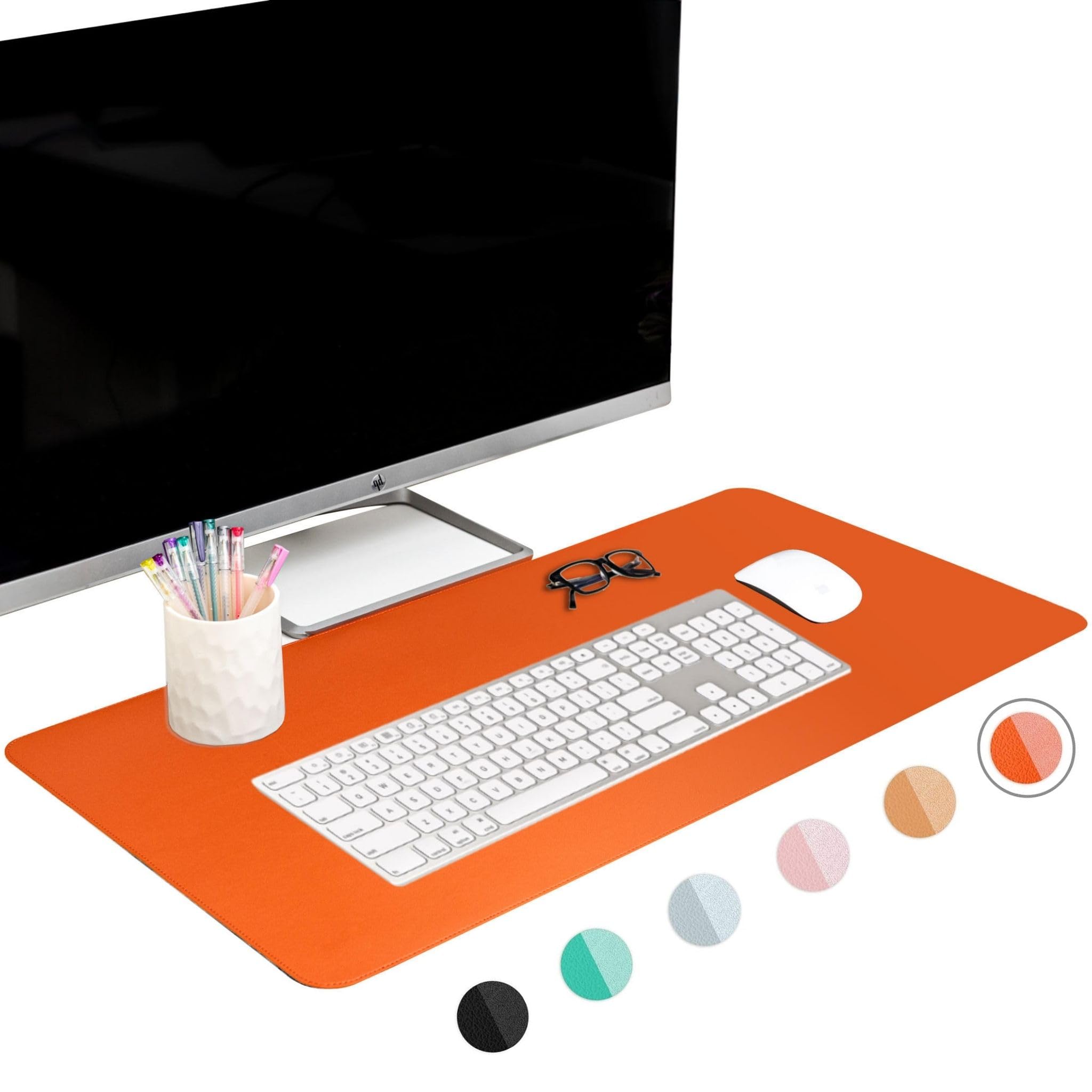 Ftc Pu Leather Desk Pad And Blotter, Non-Slip Flannelette Base (Orange 31.5 X 15.75), Stitched Mouse Pad For Office, Computer Ga