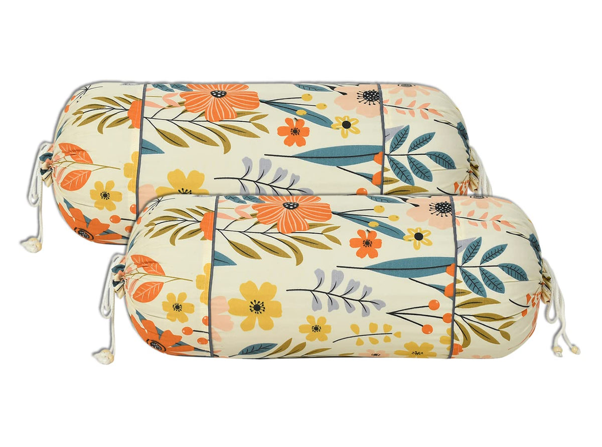 Kuber Industries Floral Print Cotton Bolster Cover Set Of 2, 16X32 (Cream)