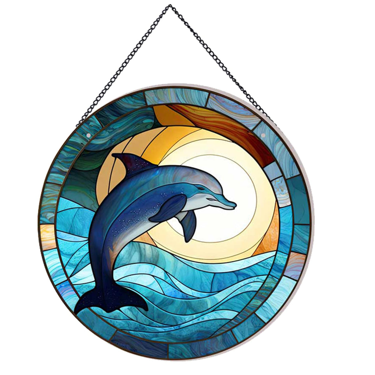 Payutou Dolphin Pattern Suncatcher Stained Glass,Hanging Stained Glass For Windows,20Cm/7.87Inch Hand-Painted Sun Catcher Garden