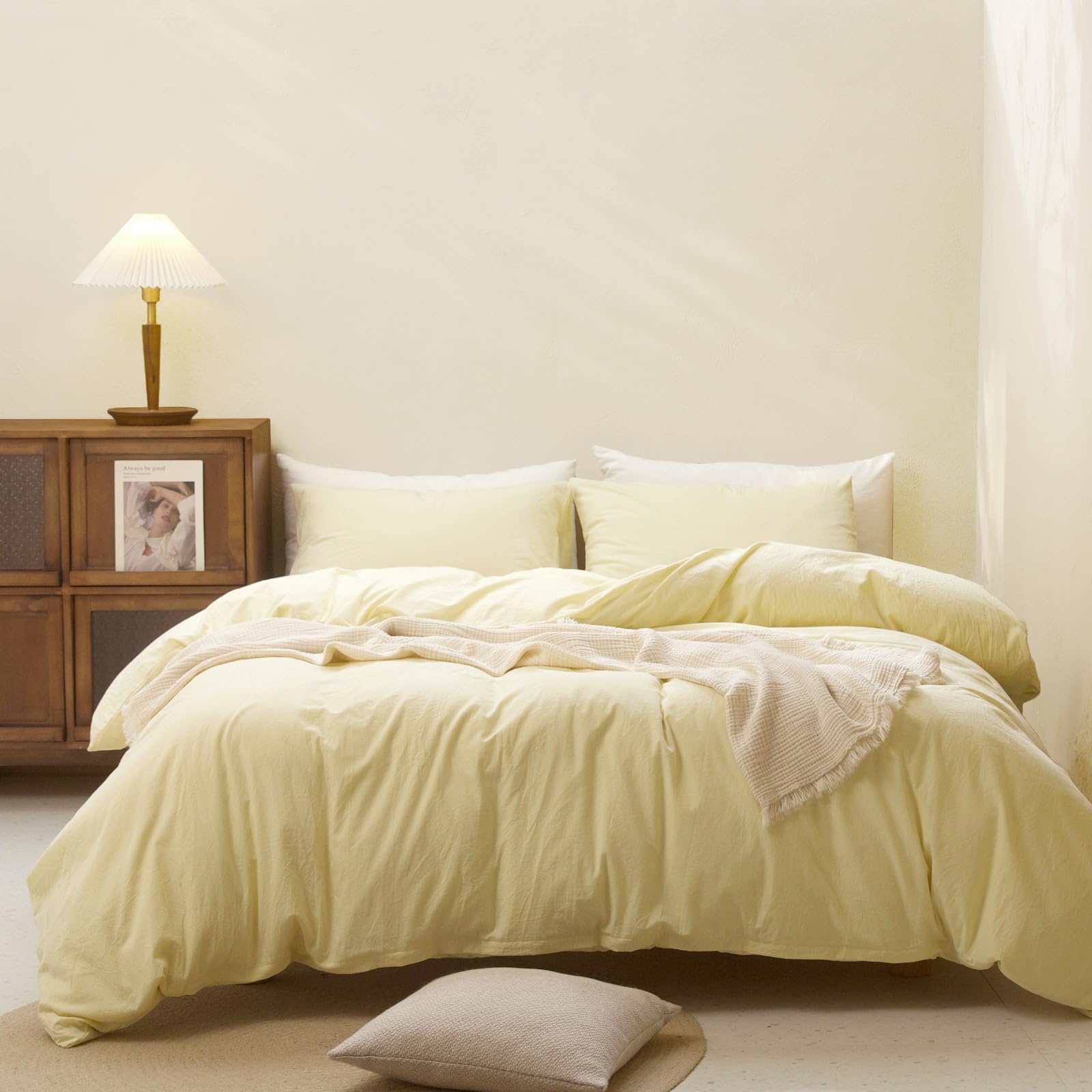 Fossa Duvet Cover Set 100% Washed Cotton Linen Feel Super Soft Breathable Cozy 3 Pieces Bedding Sets Solid Light Yellow King