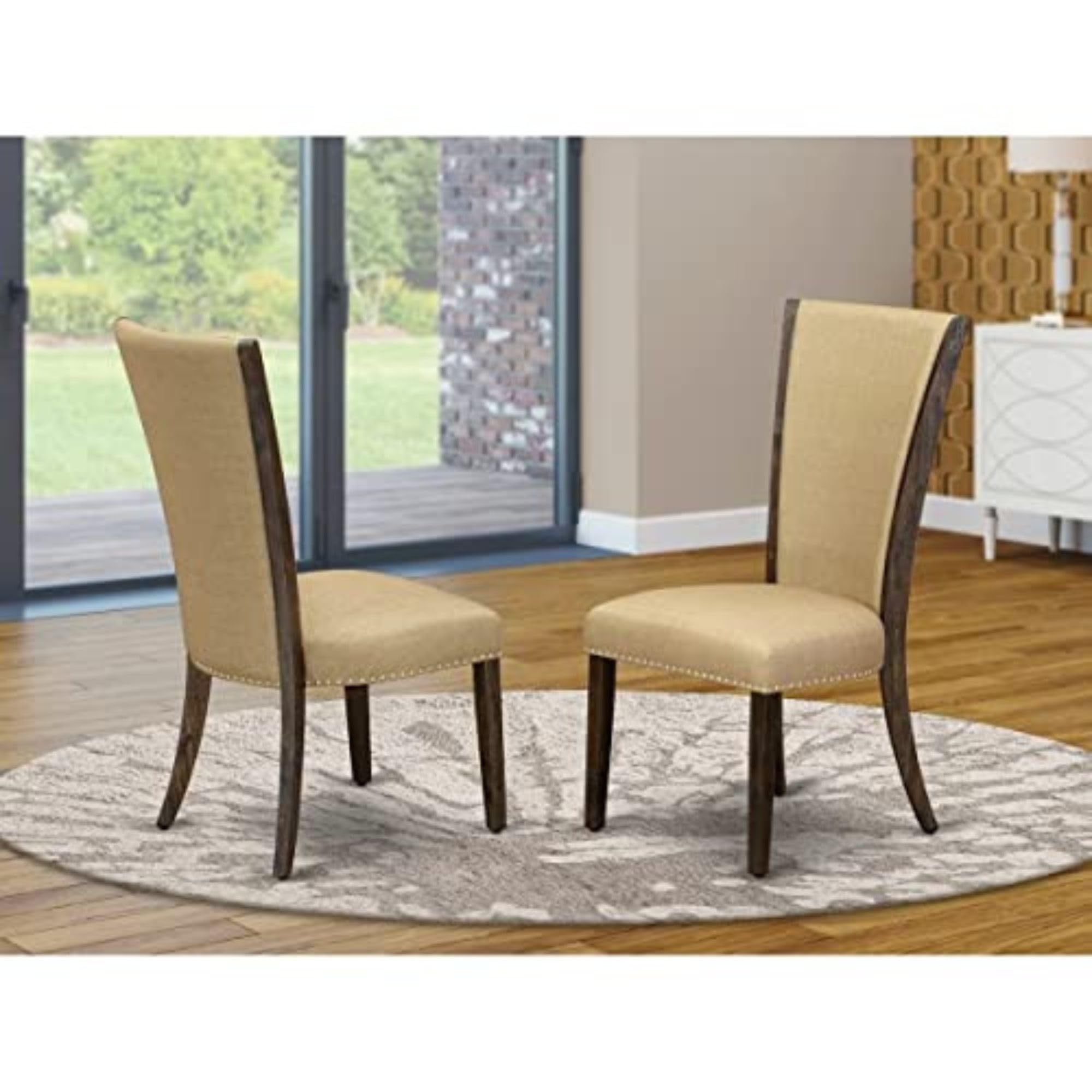 East West Furniture Vep7T03 Verona Parson Dining Chairs - Nailhead Trim Brown Linen Fabric Upholstered Chairs, Set Of 2, Jacobean