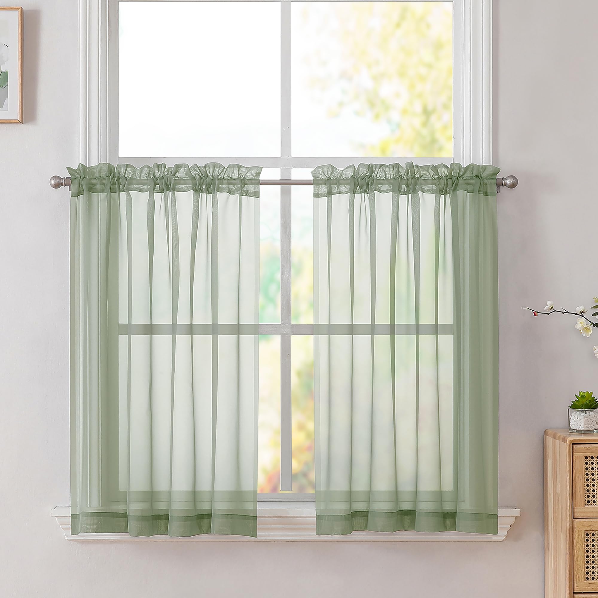 Simplebrand Sage Short Sheer Kitchen Curtains 36 Inch Length Tier Curtains Rod Pocket Sheers Cafe Curtains Sheer Drapes Half Win