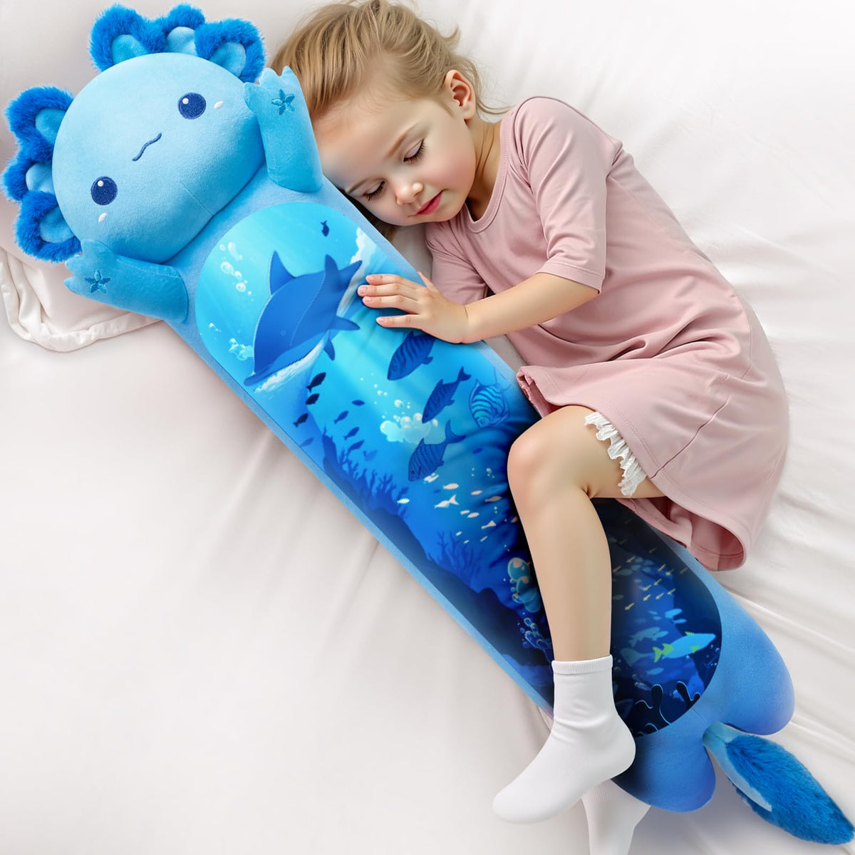 Long Axolotl Plush Body Pillow - Cute Blue Axolotl Plushies Soft Stuffed Animal, Extra-Long Cuddle Pillow, Gift For Kids & Girls