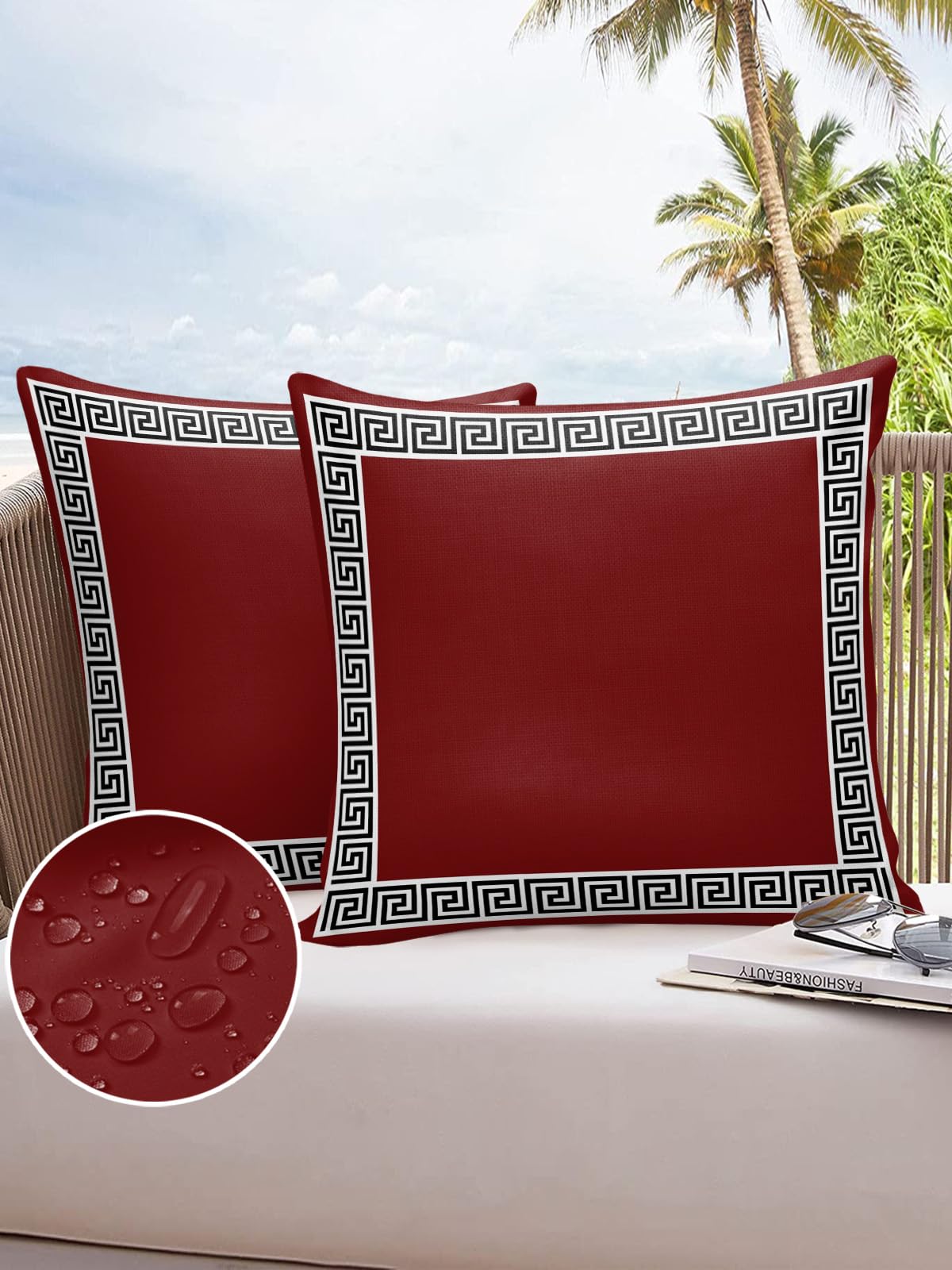 Waterproof Pillow Covers For Couch Throw Pillow Cases Set Of 2, Ethnic Burgundy Red Greek Geometric Decorative Cushion Pillow Co