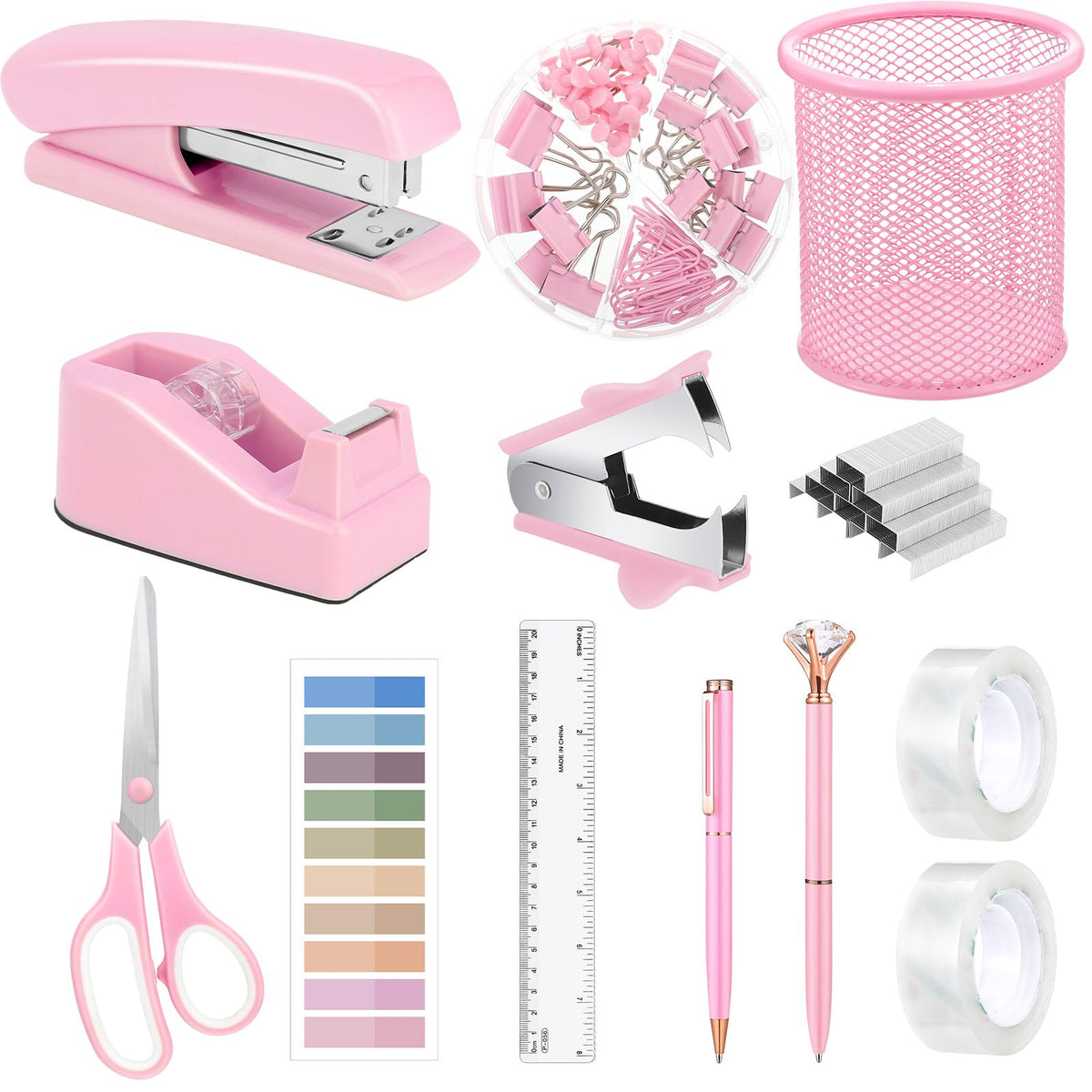 Auroray 13 In 1 Pink Office Supplies, Pink Desk Accessories For Women With Stapler,Tape Dispenser,1000 Staples,Pen Holder,Staple