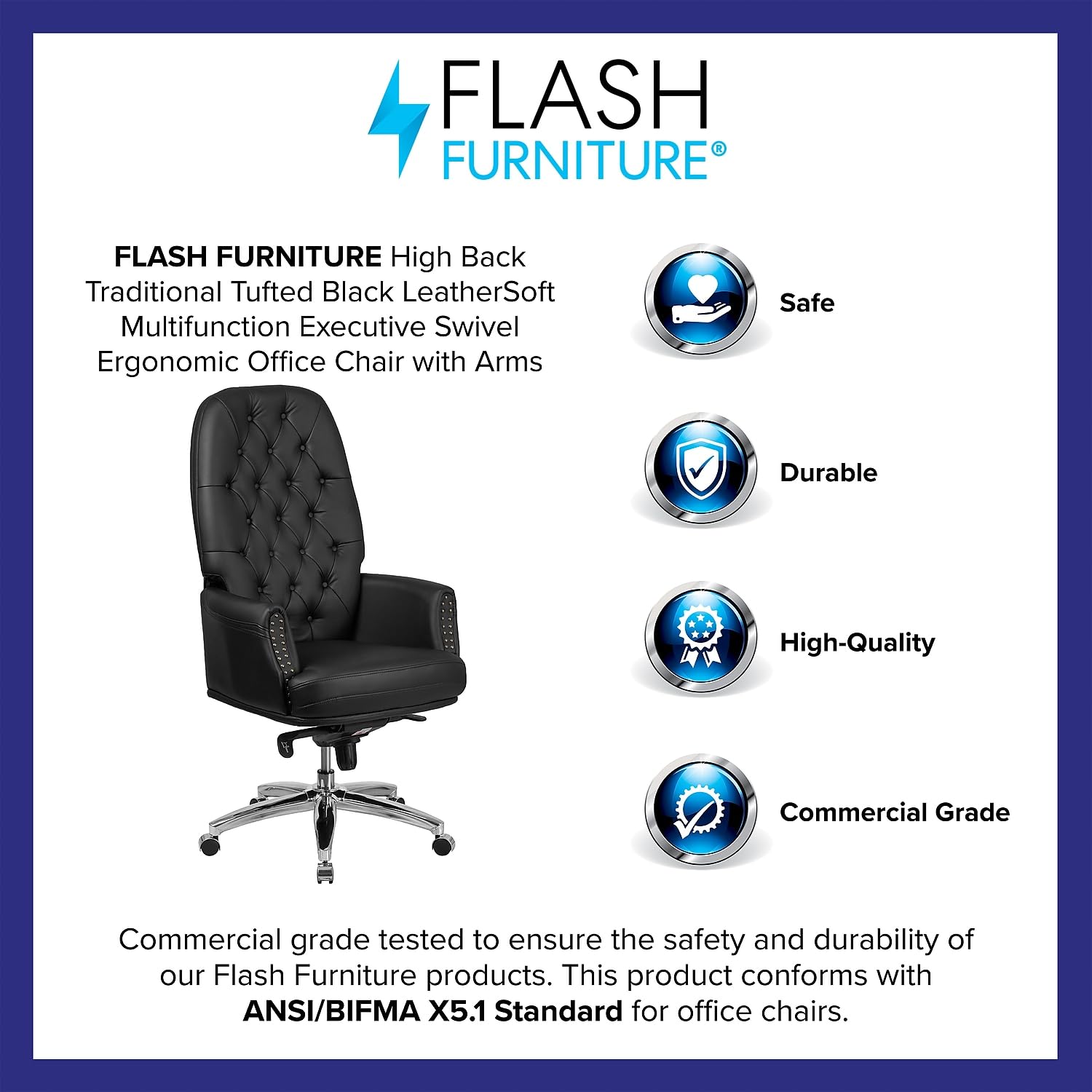 Flash Furniture Hansel High Back Traditional Tufted Black Leathersoft Multifunction Executive Swivel Ergonomic Office Chair With Arms
