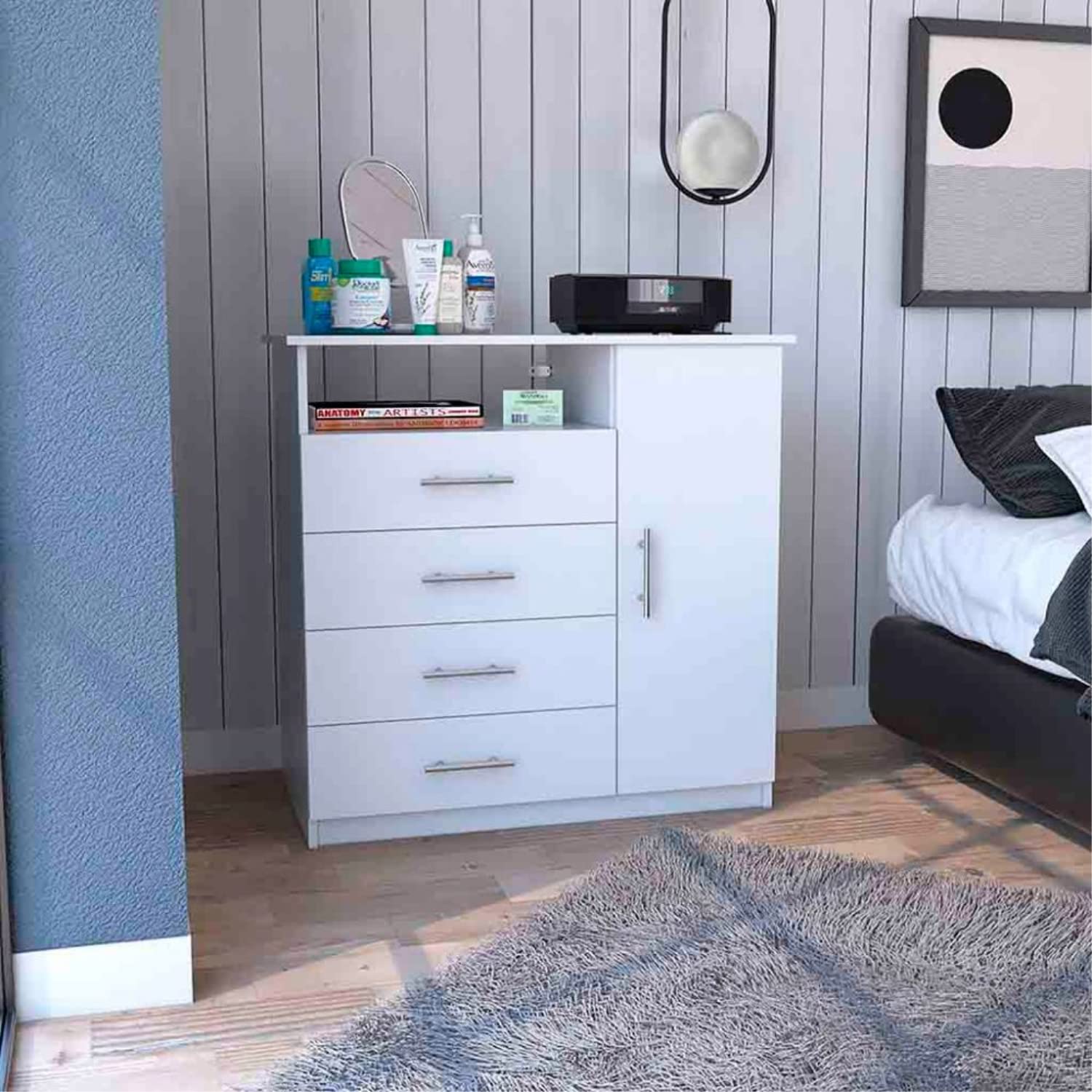 Depot E-Shop Rioja Modern Dresser with Four Drawers, One Open Shelf - White