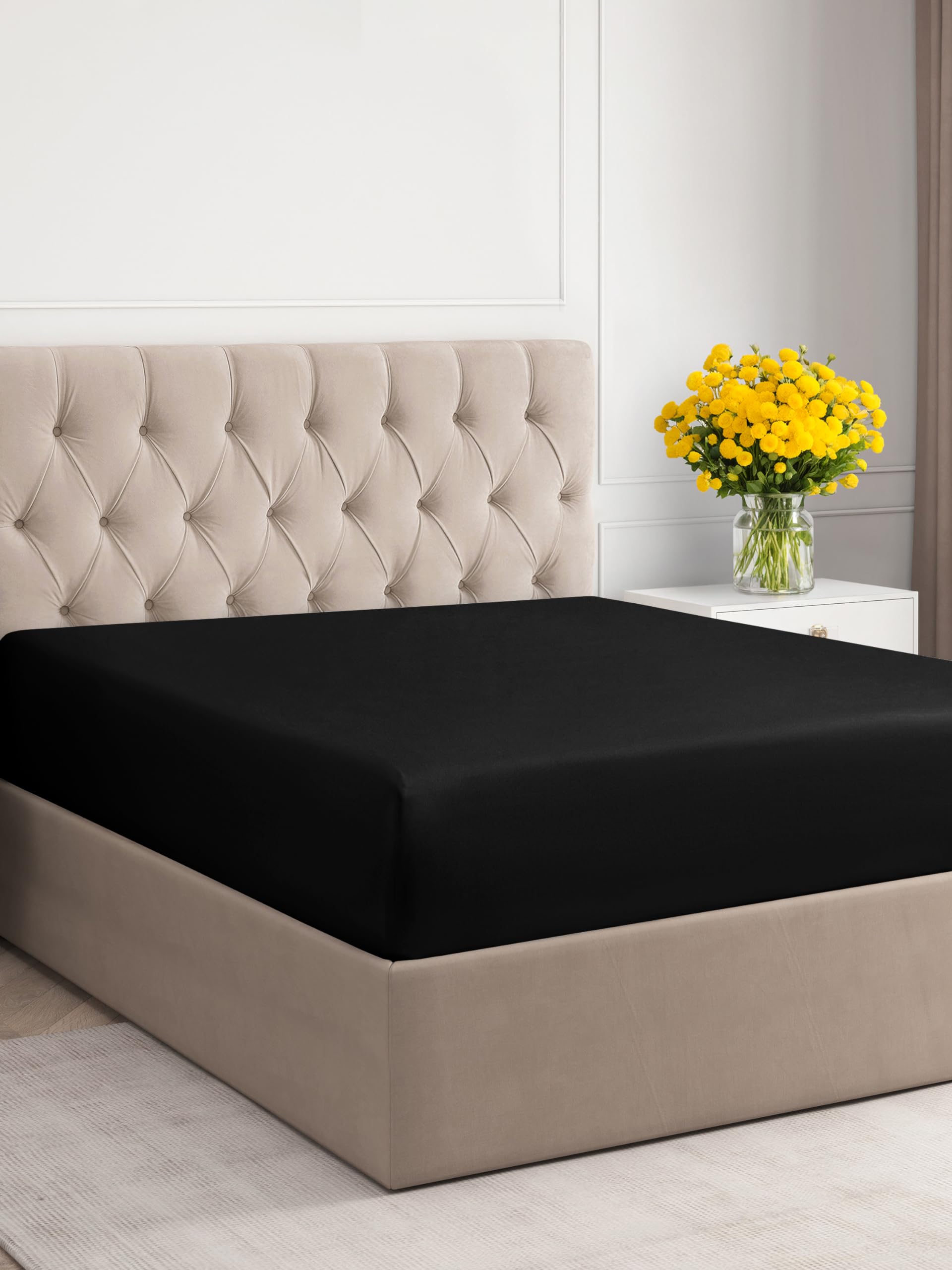 King Fitted Bed Sheet - Hotel Luxury & Cooling Single Fitted Sheet Only - Easily Fits Mattress Up To 16 Inches Perfectly - Soft, Wrinkle Free, Breathable & Comfy Black Single Fitted Bed Sheet