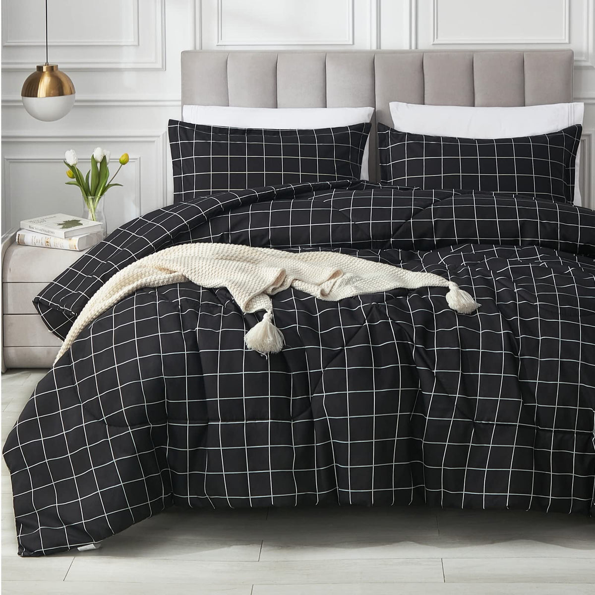 Andency Black Grid Comforter Set Twin Size (66X90 Inch), 2 Pieces(1 Grid Comforter And 1 Pillowcase), Summer Lightweight Microfi