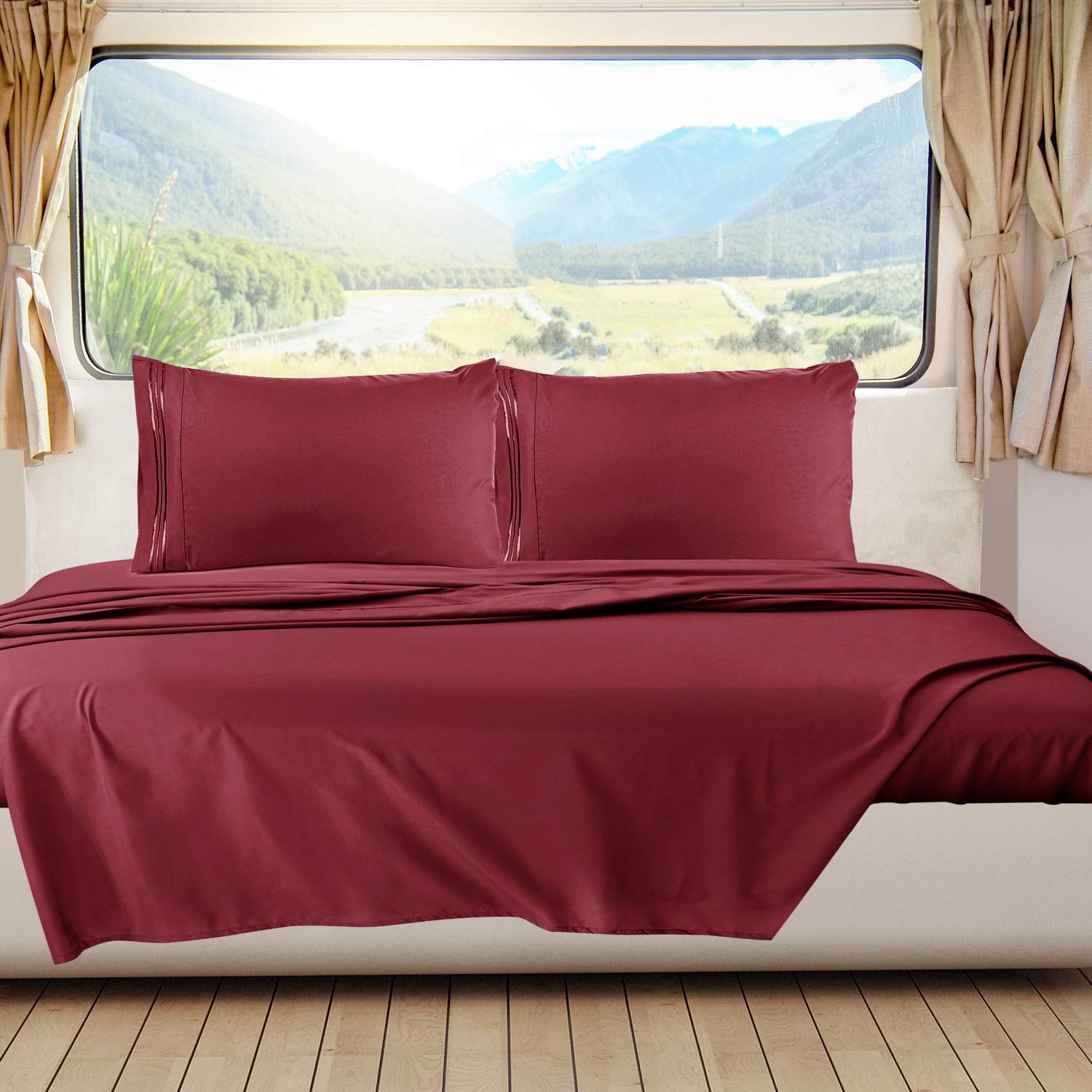 Nestl Burgundy Rv Queen Sheets – Super Soft Rv Short Queen Sheets For Rv Camper, 6 Piece 1800 Microfiber Fitted Rv Sheets, Double Brushed Rv Bed Sheets Set, Camper Sheets And Pillowcases