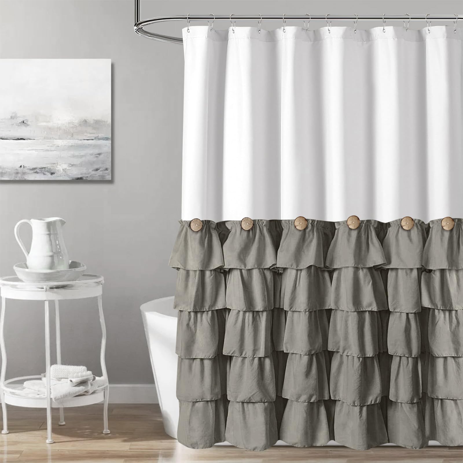 Seasonwood White and Gray Shower Curtain 72 x 72 with Nature Buttons Shabby Chic Shower Curtain French Country Style Modern Farm